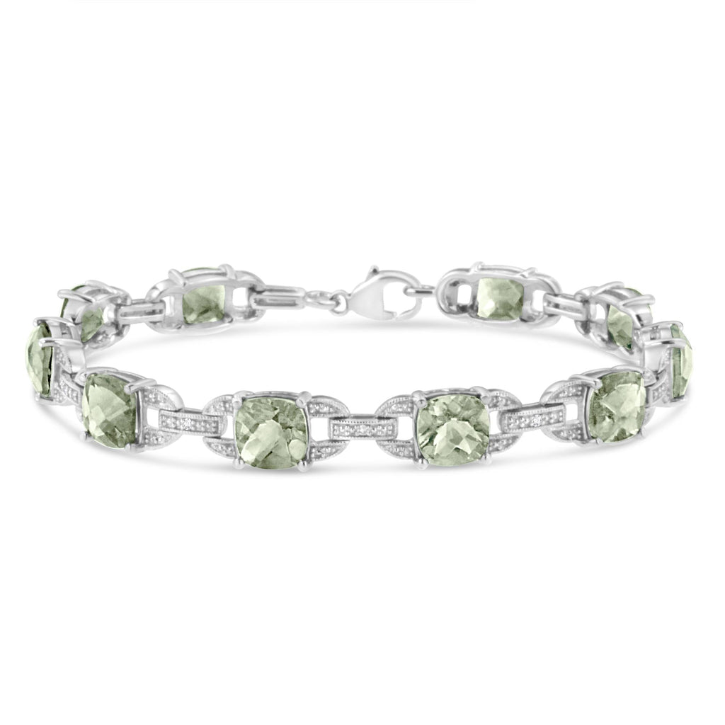 Pulsera de tenis de moda en plata de ley 925 con amatista verde de talla cojín de 7 x 7 mm y diamantes redondos de 1/20 ct (color IJ, claridad I1-I2) - 18 cm - Friggin Jewelry
