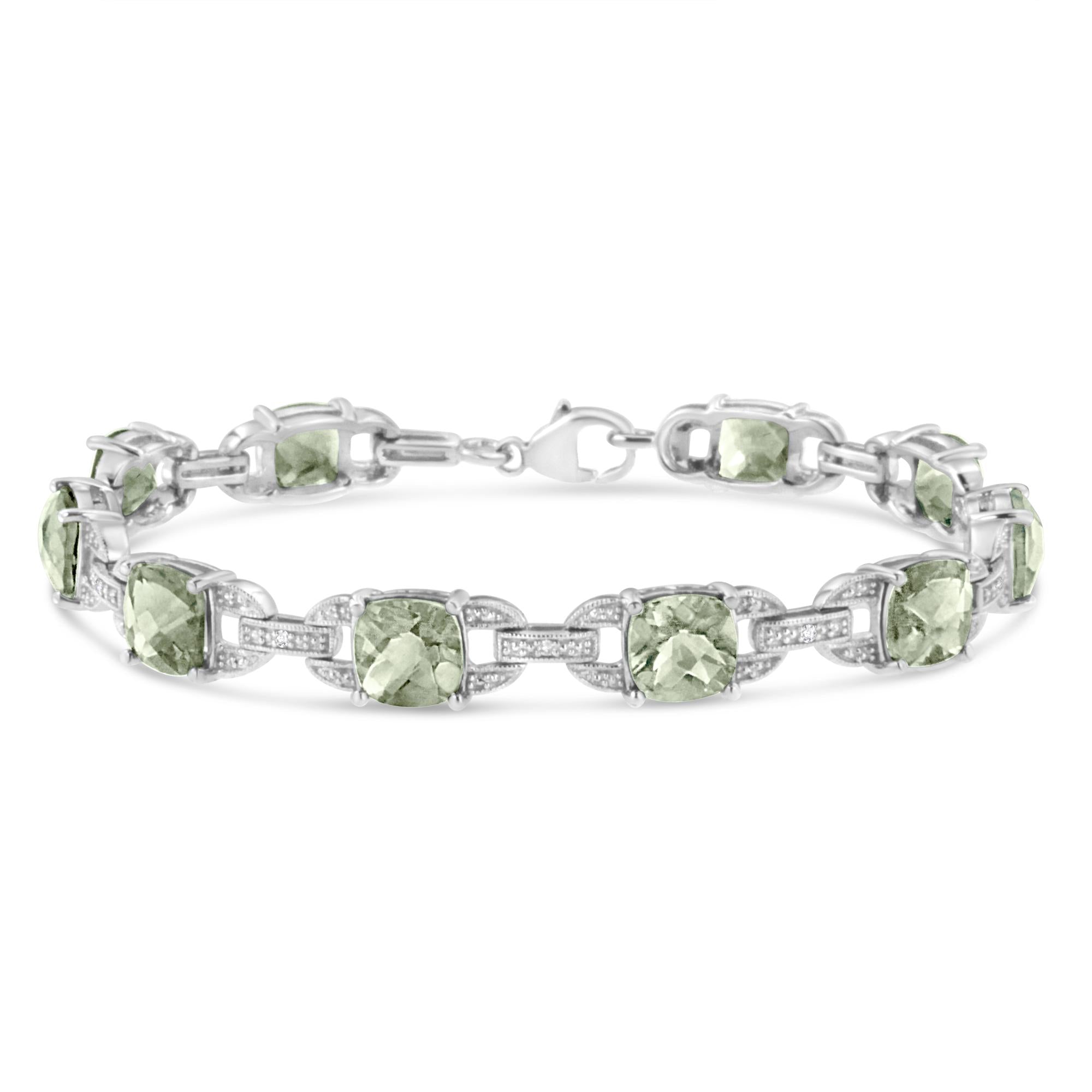 .925 Sterling Silver 7x7 mm Cushion Cut Green Amethyst and 1/20 cttw Round Cut Diamond Fashion Tennis Bracelet (I-J Color, I1-I2 Clarity) - 7" - Friggin Jewelry