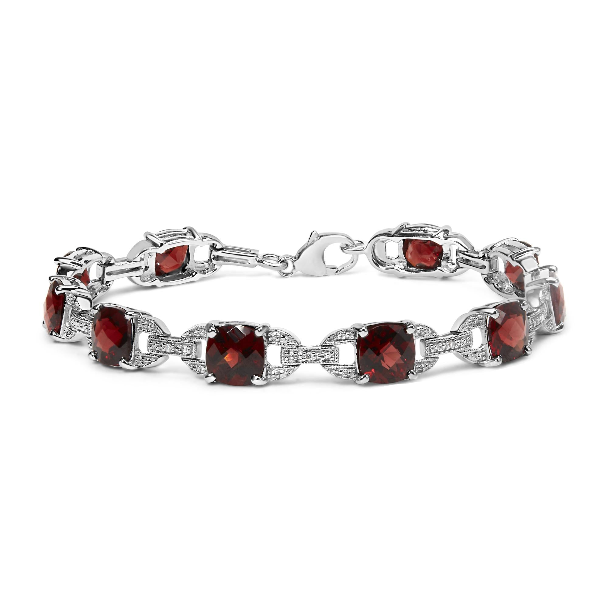 Bracciale tennis alla moda in argento sterling 925 da 7x7 mm con diamanti e granato rosso a cuscino a scacchi (colore IJ, purezza I1-I2) - Misura 7" pollici - Friggin Jewelry