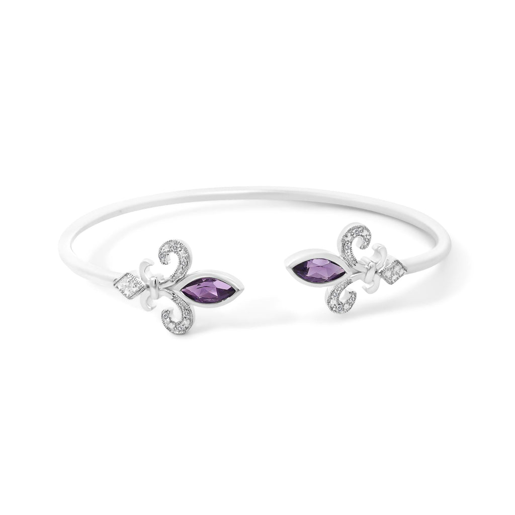 .925 Sterling Silver 8X4MM Marquise Purple Amethyst and Diamond Accent Fleur Di Lis Open Cuff Bangle (I-J Color, I1-I2 Clarity) - 7" - Friggin Jewelry