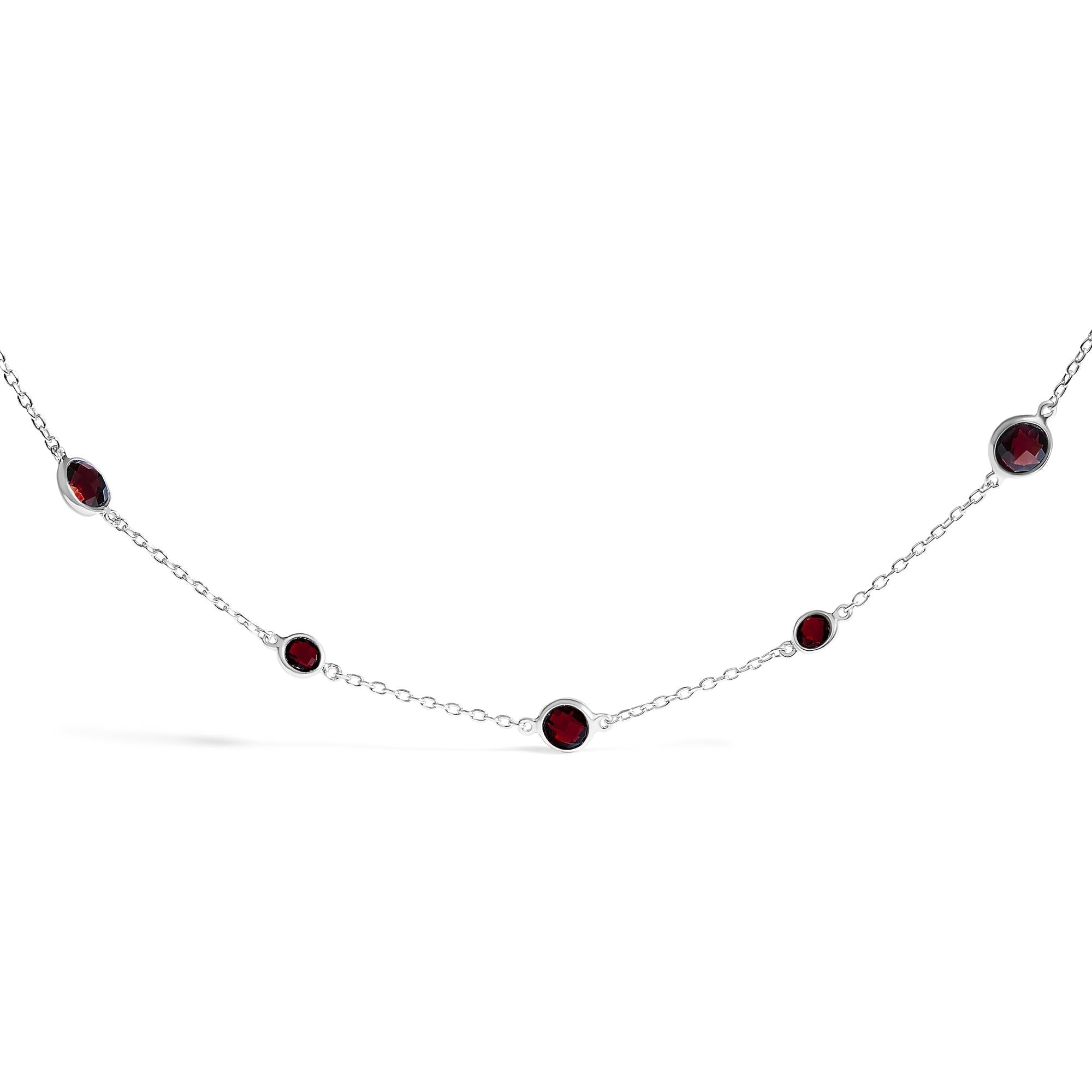 .925 Sterling Silver Checkerboard Cut Red Garnet Bezel Station Necklace - 22" Inches - Friggin Jewelry