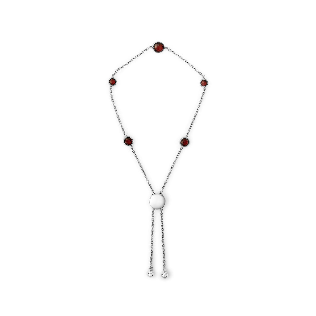 .925 Sterling Silver Bezel Set Red Garnet 5 Station Adjustable Bolo Bracelet - Friggin Jewelry