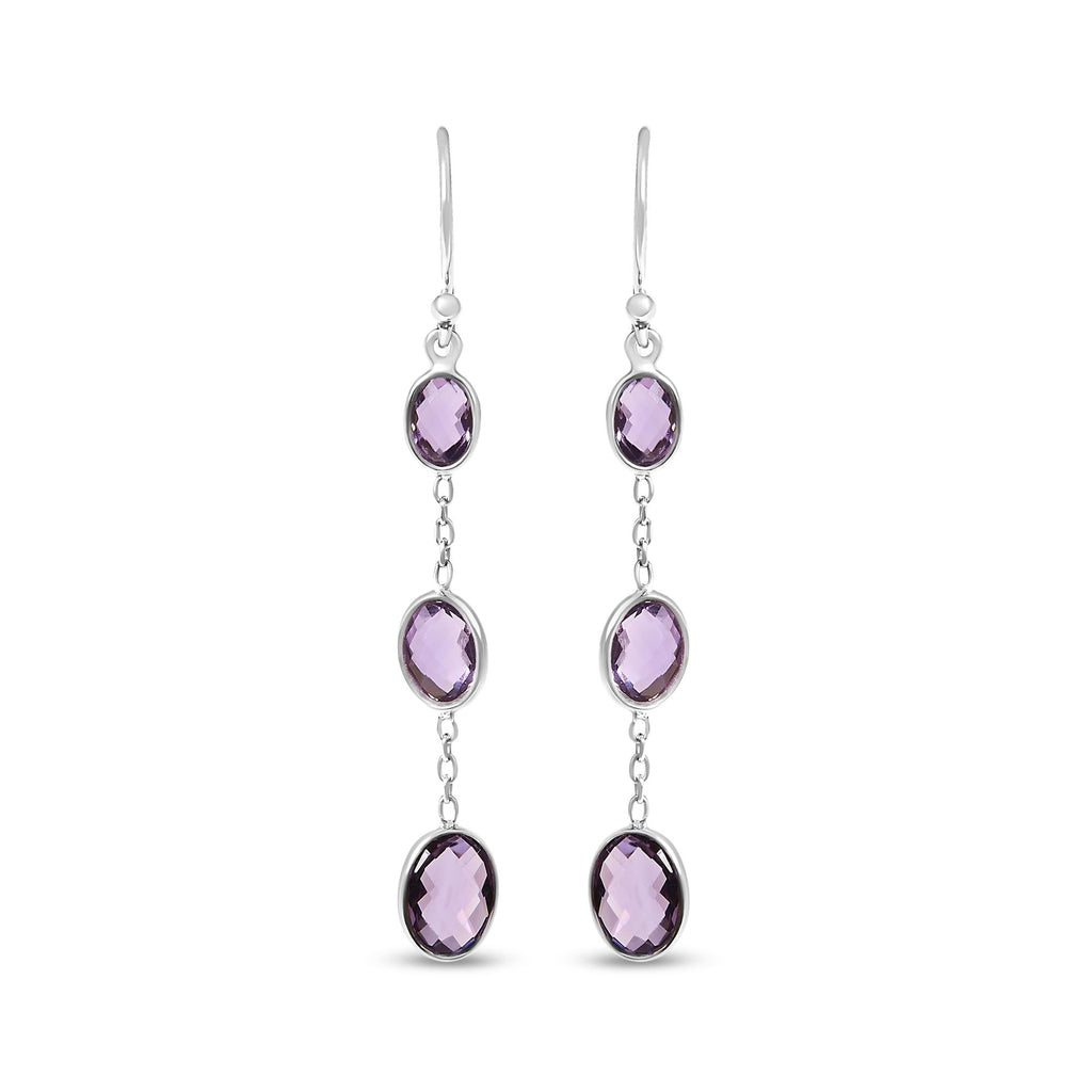 .925 Sterling Silver Checkerboard Cut Oval Purple Amethyst 2" Inch Drop and Dangle Earrings - Friggin Jewelry