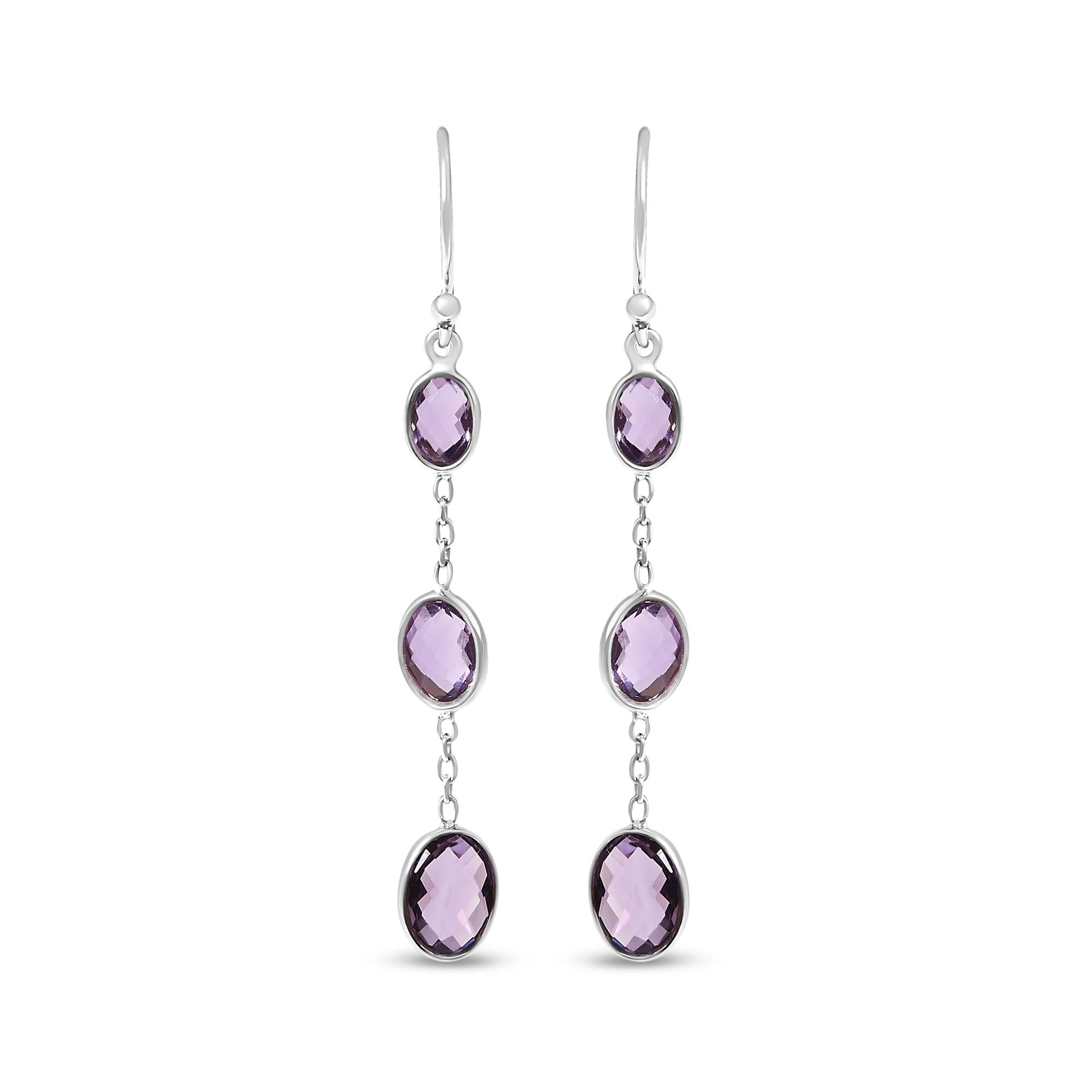 .925 Sterling Silver Checkerboard Cut Oval Purple Amethyst 2" Inch Drop and Dangle Earrings - Friggin Jewelry