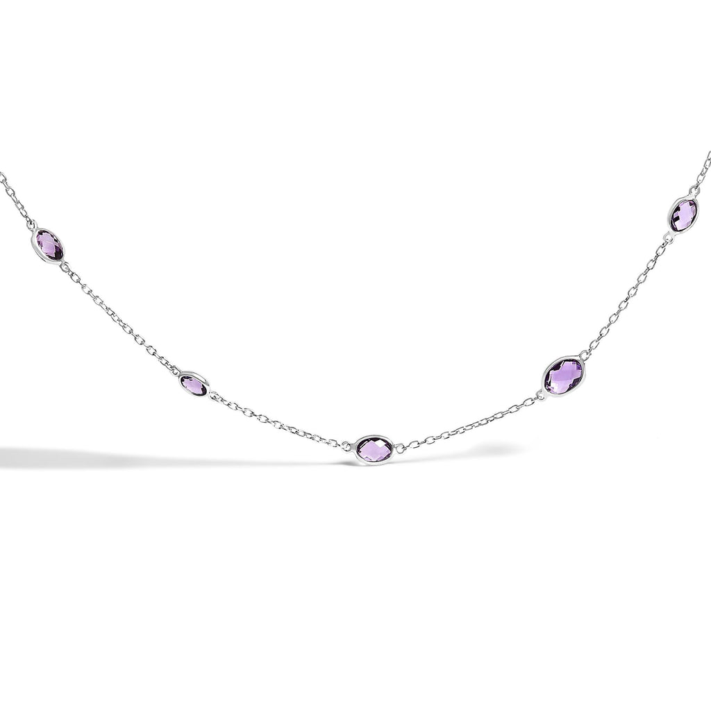 .925 Sterling Silver Checkerboard Cut Purple Amethyst Bezel Station Necklace - 22" Inches - Friggin Jewelry