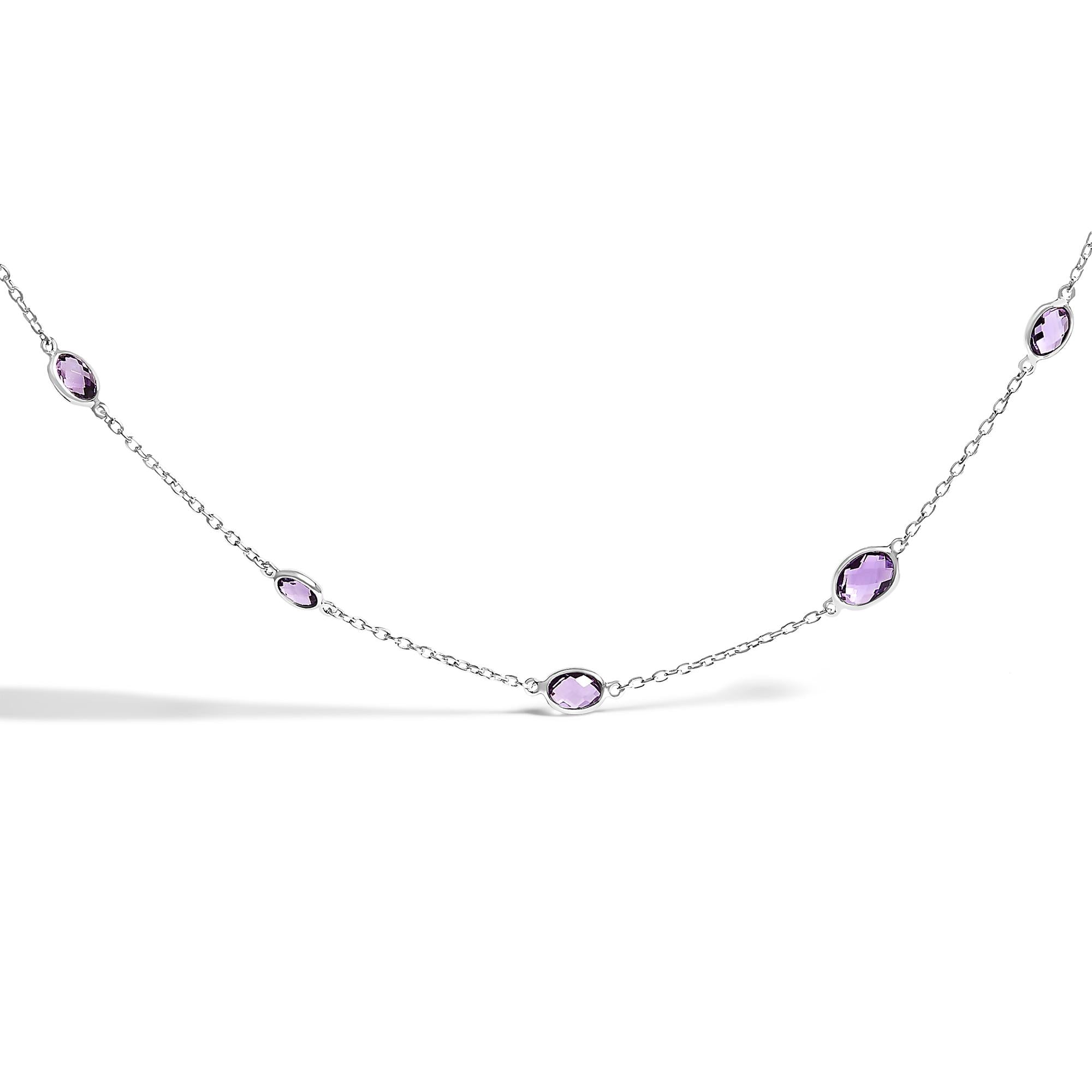 .925 Sterling Silver Checkerboard Cut Purple Amethyst Bezel Station Necklace - 22" Inches - Friggin Jewelry