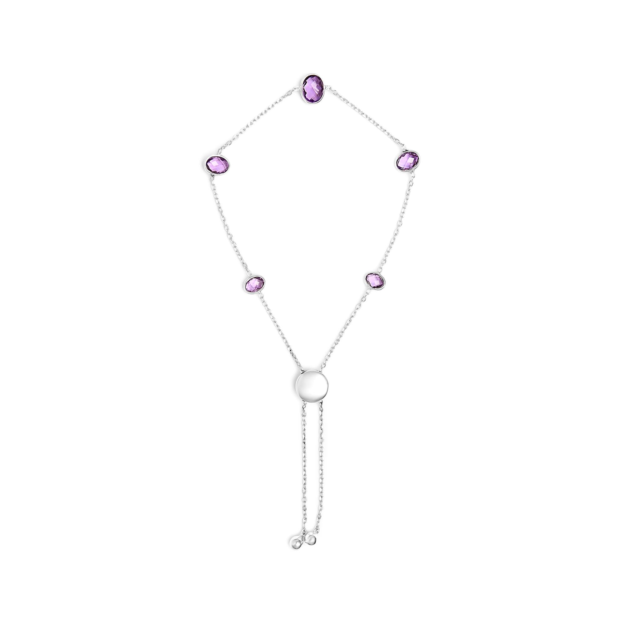 .925 Sterling Silver Bezel Set Purple Amethyst 5 Station Adjustable Bolo Bracelet - Friggin Jewelry