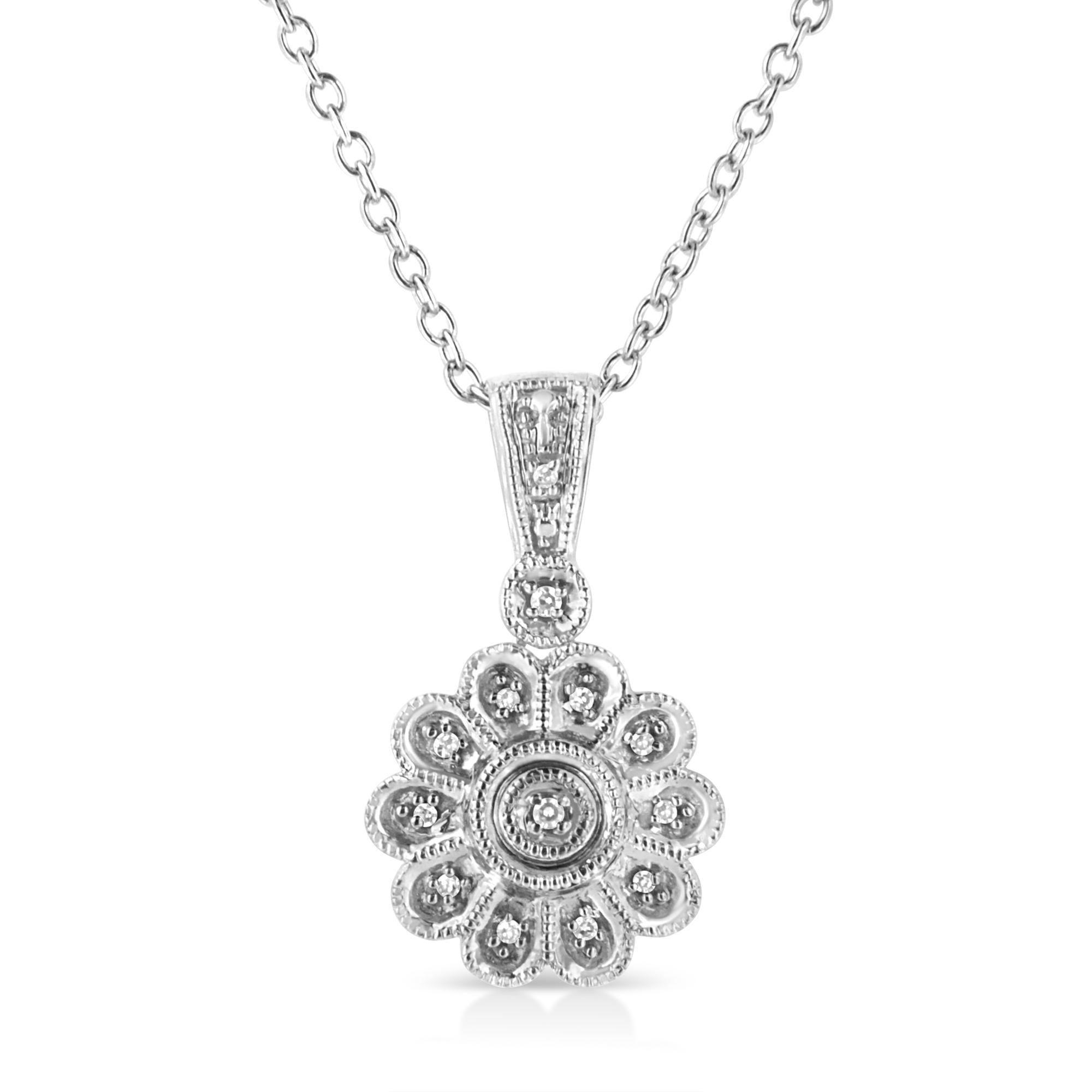 .925 Sterling Silver Diamond Accent Sunburst Milgrain 18" Pendant Necklace (I-J Color, I1-I2 Clarity) - Friggin Jewelry