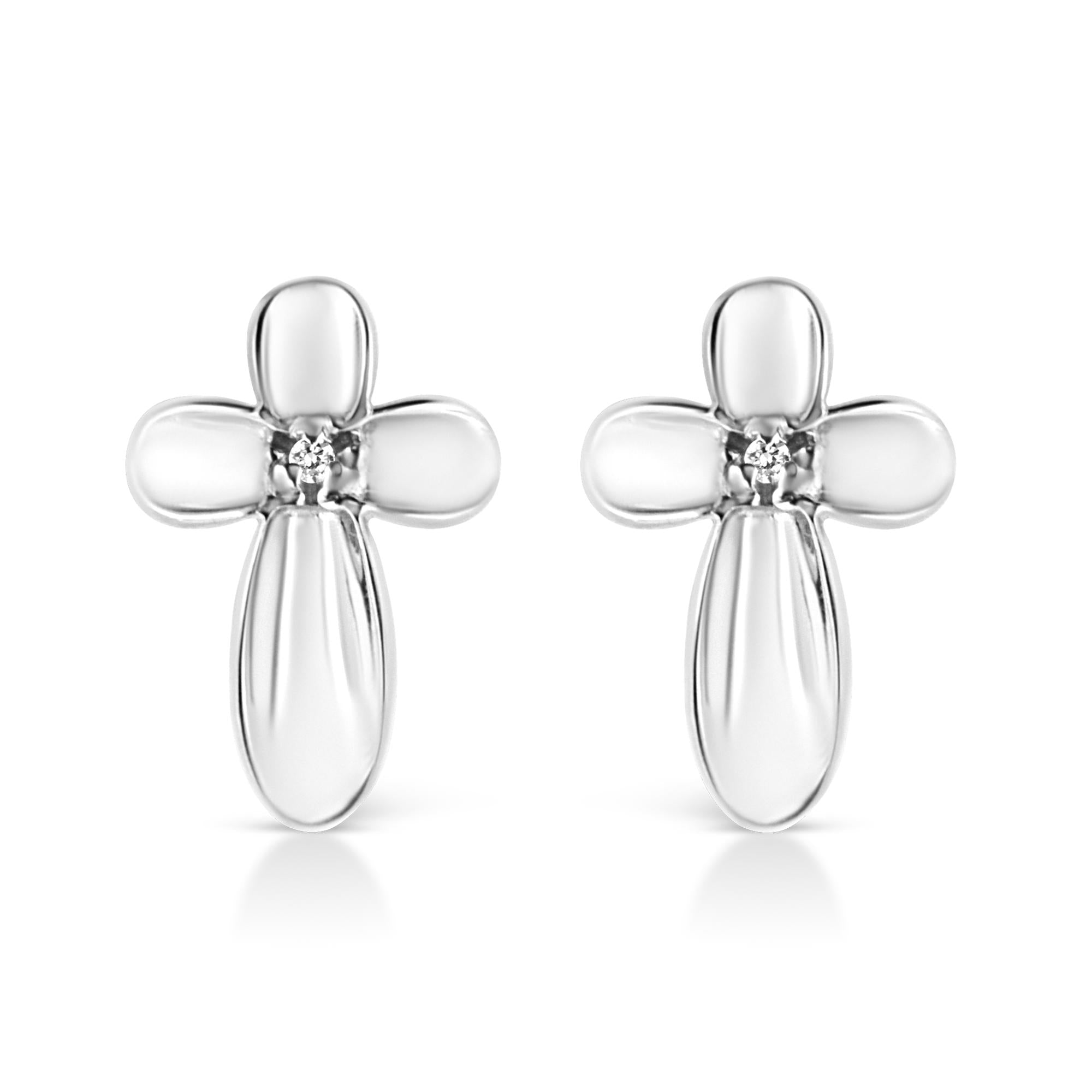 .925 Sterling Silver Prong Set Diamond Accent Floral Cross Stud Earring (I-J Color, I1-I2 Clarity) - Friggin Jewelry