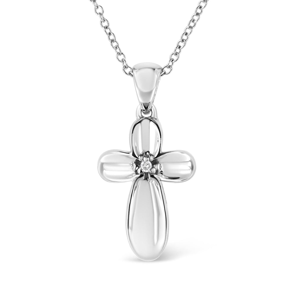 .925 Sterling Silver Prong-Set Diamond Accent Floral Cross 18" Pendant Necklace (I-J Color, I1-I2 Clarity) - Friggin Jewelry