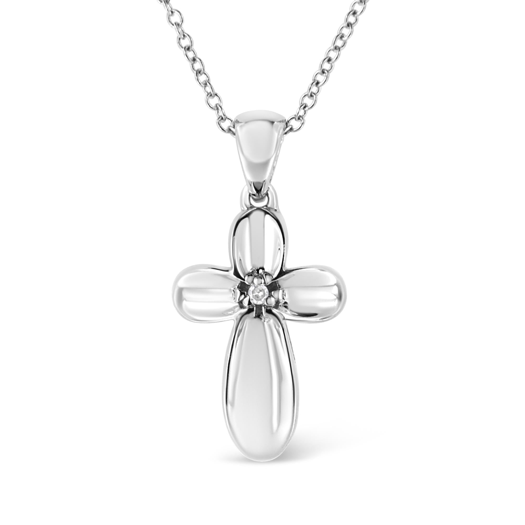 .925 Sterling Silver Prong-Set Diamond Accent Floral Cross 18" Pendant Necklace (I-J Color, I1-I2 Clarity) - Friggin Jewelry