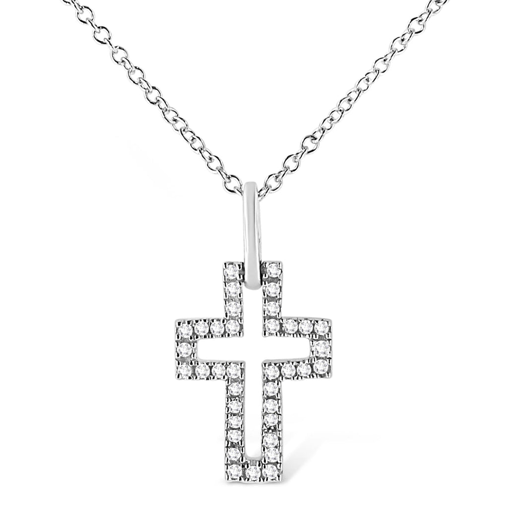 .925 Sterling Silver 1/10 cttw Pave-Set Round-Cut Diamond Open Cross 18" Pendant Necklace (I-J Color, I1-2 Clarity) - Friggin Jewelry
