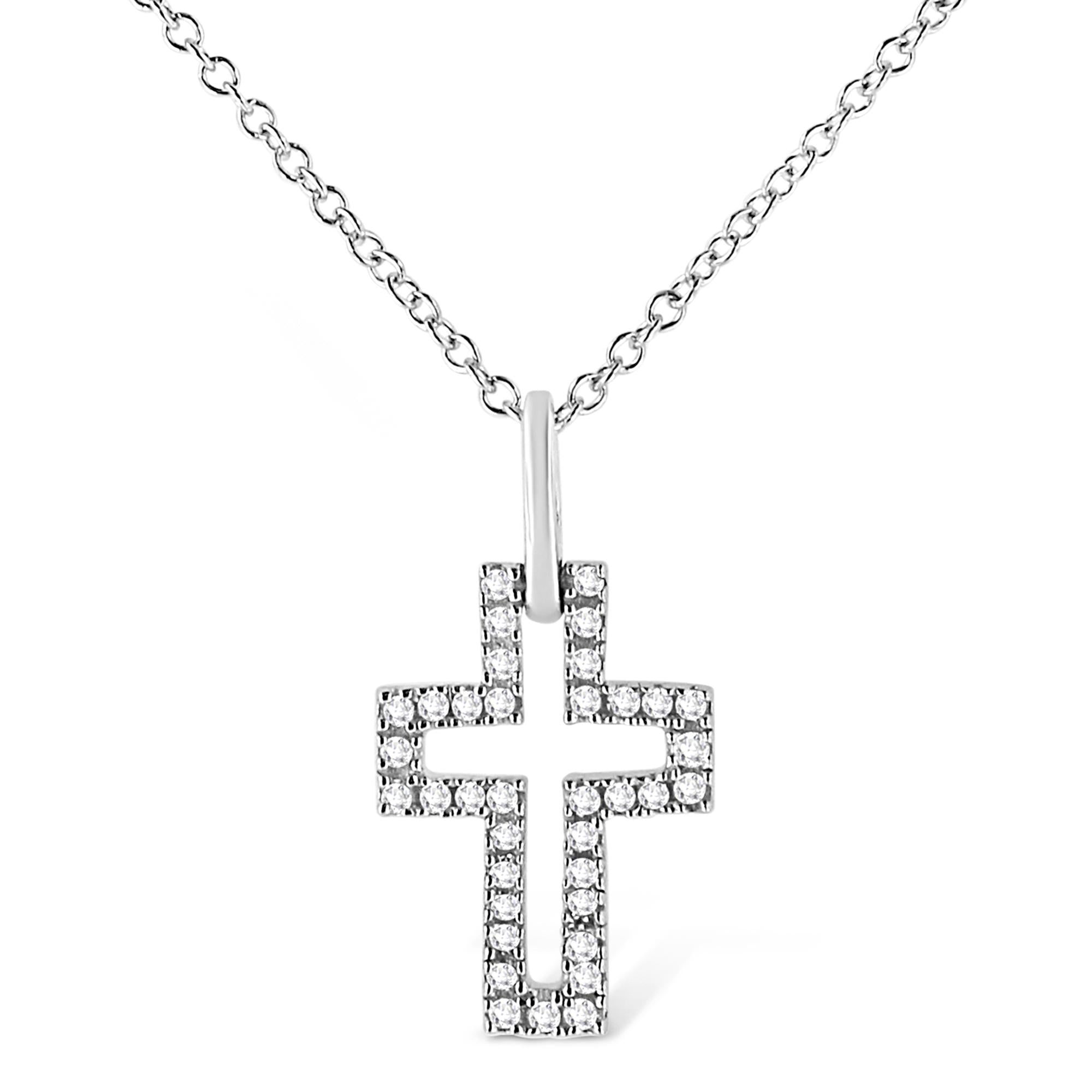 .925 Sterling Silver 1/10 cttw Pave-Set Round-Cut Diamond Open Cross 18" Pendant Necklace (I-J Color, I1-2 Clarity) - Friggin Jewelry