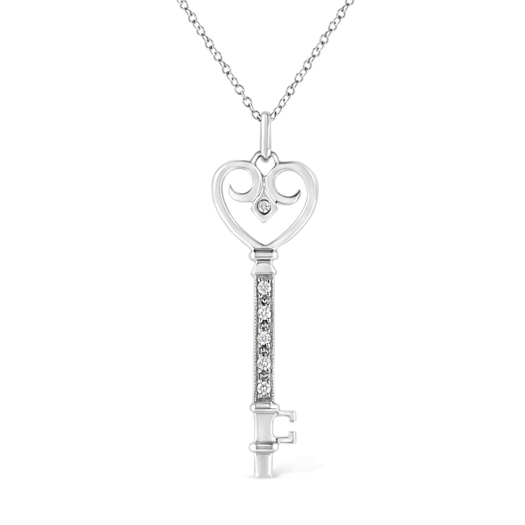 .925 Sterling Silver Pave and Bezel-Set Diamond Accent Key 18" Heart and Lock Pendant Necklace (K-L Color, I1-I2 Clarity) - Friggin Jewelry