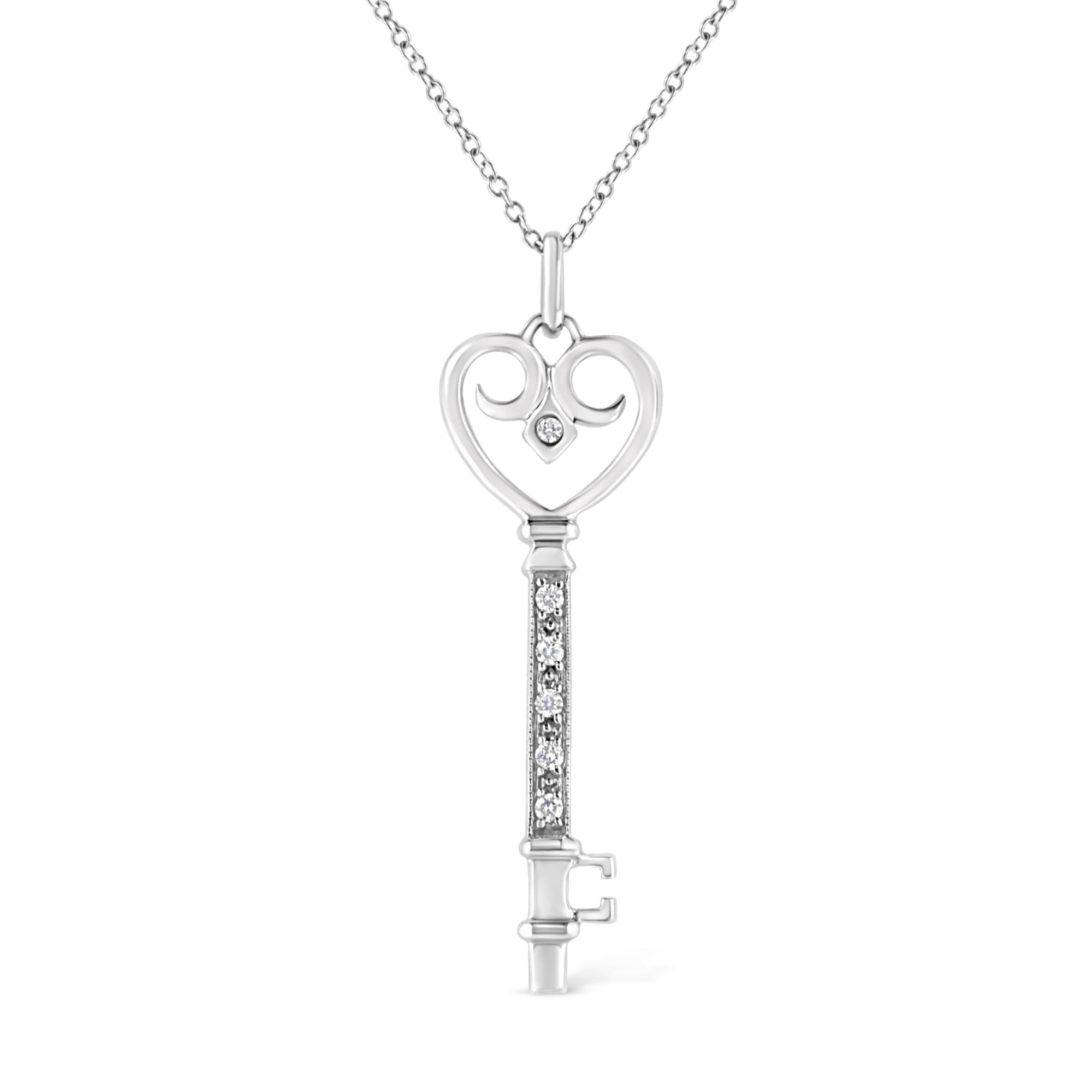 .925 Sterling Silver Pave and Bezel-Set Diamond Accent Key 18" Heart and Lock Pendant Necklace (K-L Color, I1-I2 Clarity) - Friggin Jewelry