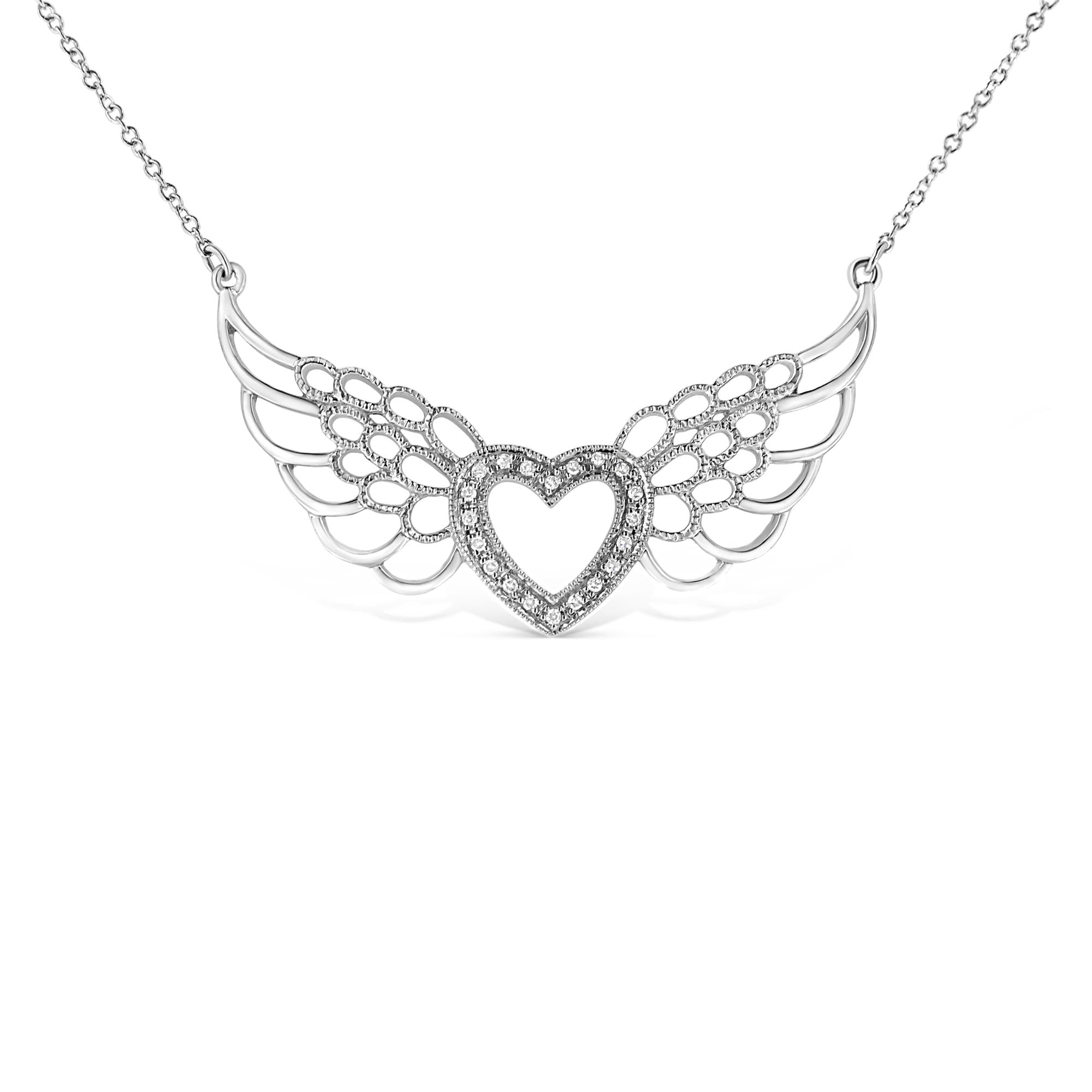 .925 Sterling Silver Pave-Set Diamond Accent Fairy Wing 18" Heart Pendant Necklace (I-J Color, I1-I2 Clarity) - Friggin Jewelry