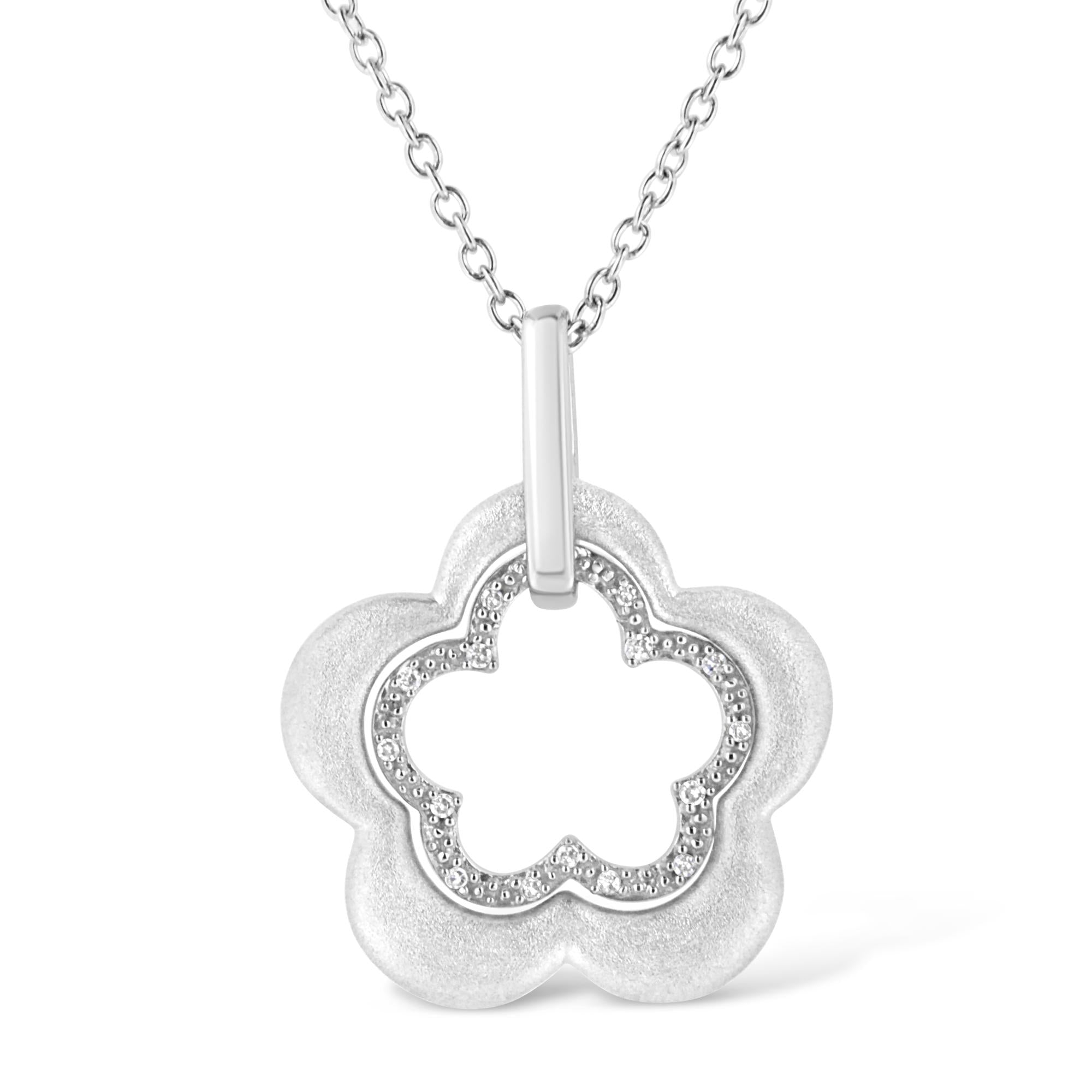 Collar con colgante de flor doble de 45 cm en plata de ley 925 con acabado mate y detalles de diamantes (color IJ, claridad I1-I2) - Friggin Jewelry