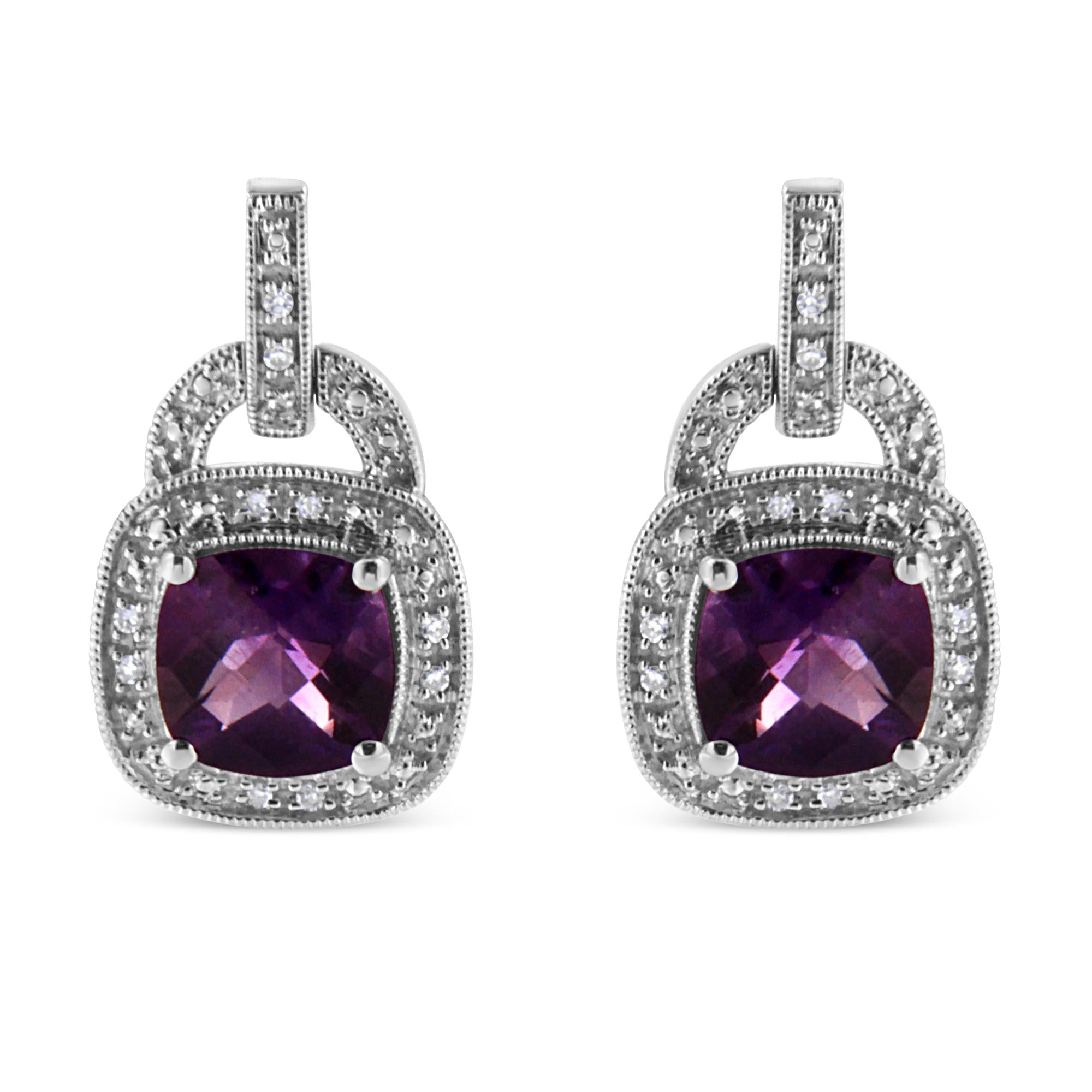.925 Sterling Silver 8MM Natural Cushion Shaped Amethyst and Diamond Accent Halo with Push Back Dangle Earrings (I-J Color, I2-I3 Clarity) - Friggin Jewelry