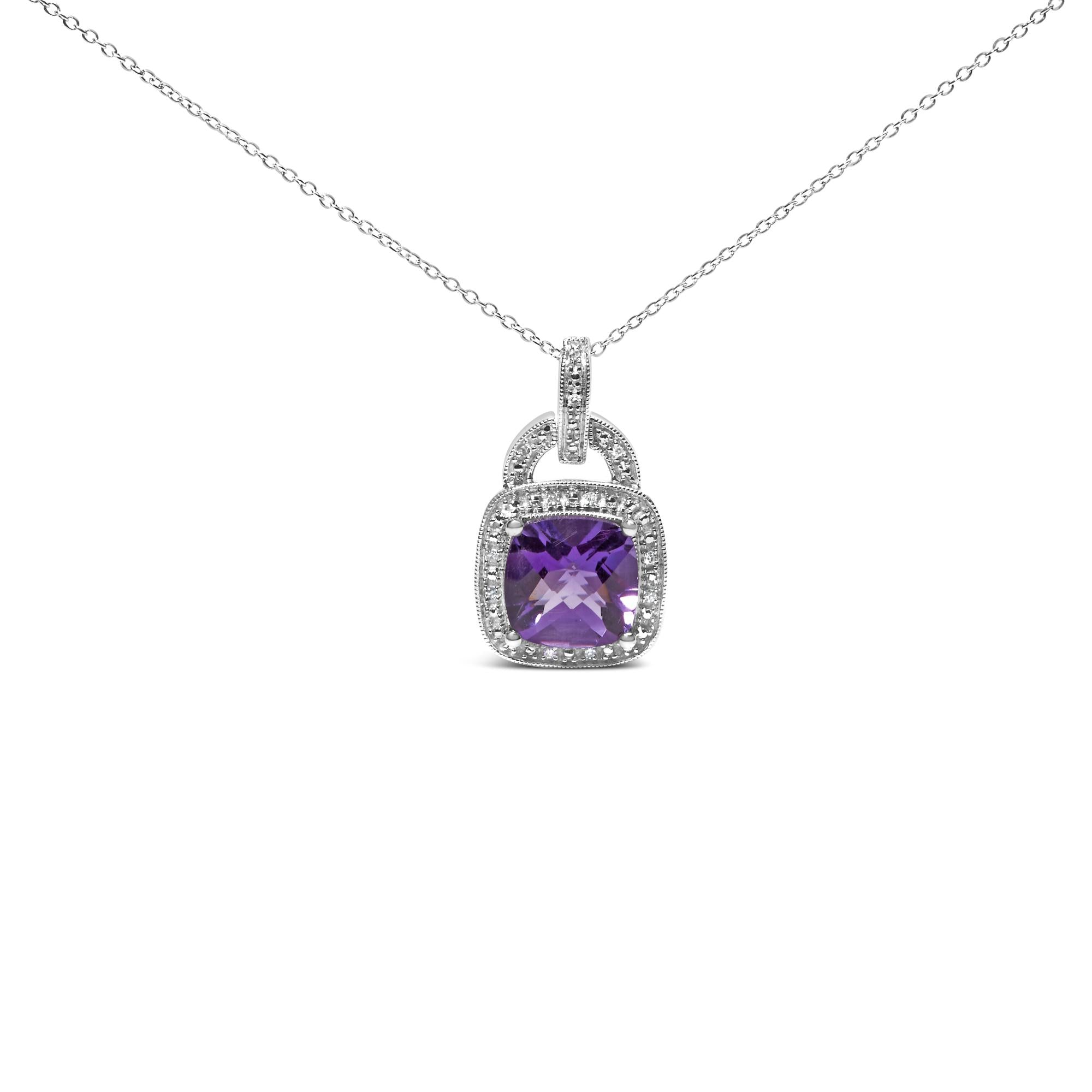 .925 Sterling Silver 10X10 MM Cushion Purple Amethyst and Diamond Accent Halo 18" Pendant Necklace (I-J Color, I1-I2 Clarity) - Friggin Jewelry
