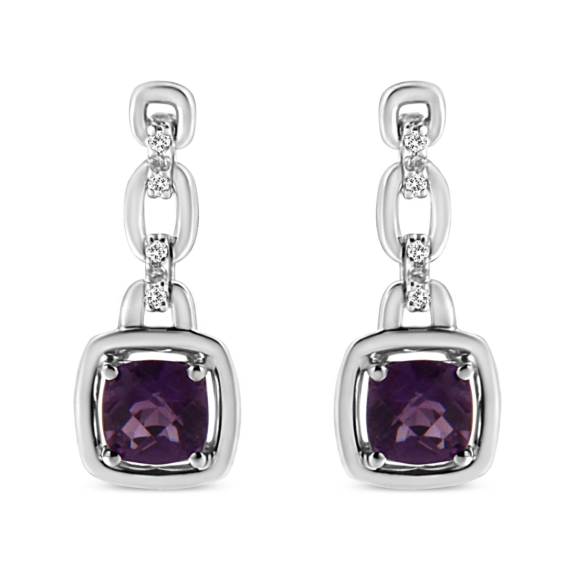 .925 Sterling Silver 6x6MM Cushion Shaped Natural Purple Amethyst and Diamond Accent Drop and Dangle Earrings (I-J Color, I1-I2 Clarity) - Friggin Jewelry