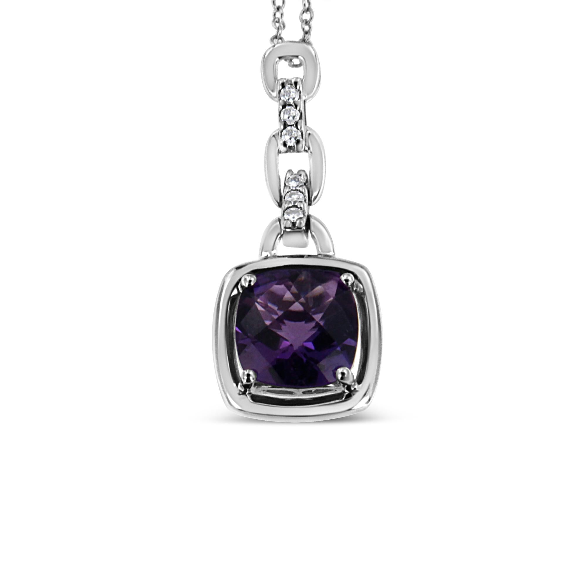 .925 Sterling Silver 6x6MM Cushion Shaped Natural Purple Amethyst and Diamond Accented Bale 18" Inch Pendant Necklace (I-J Color, I1-I2 Clarity) - Friggin Jewelry