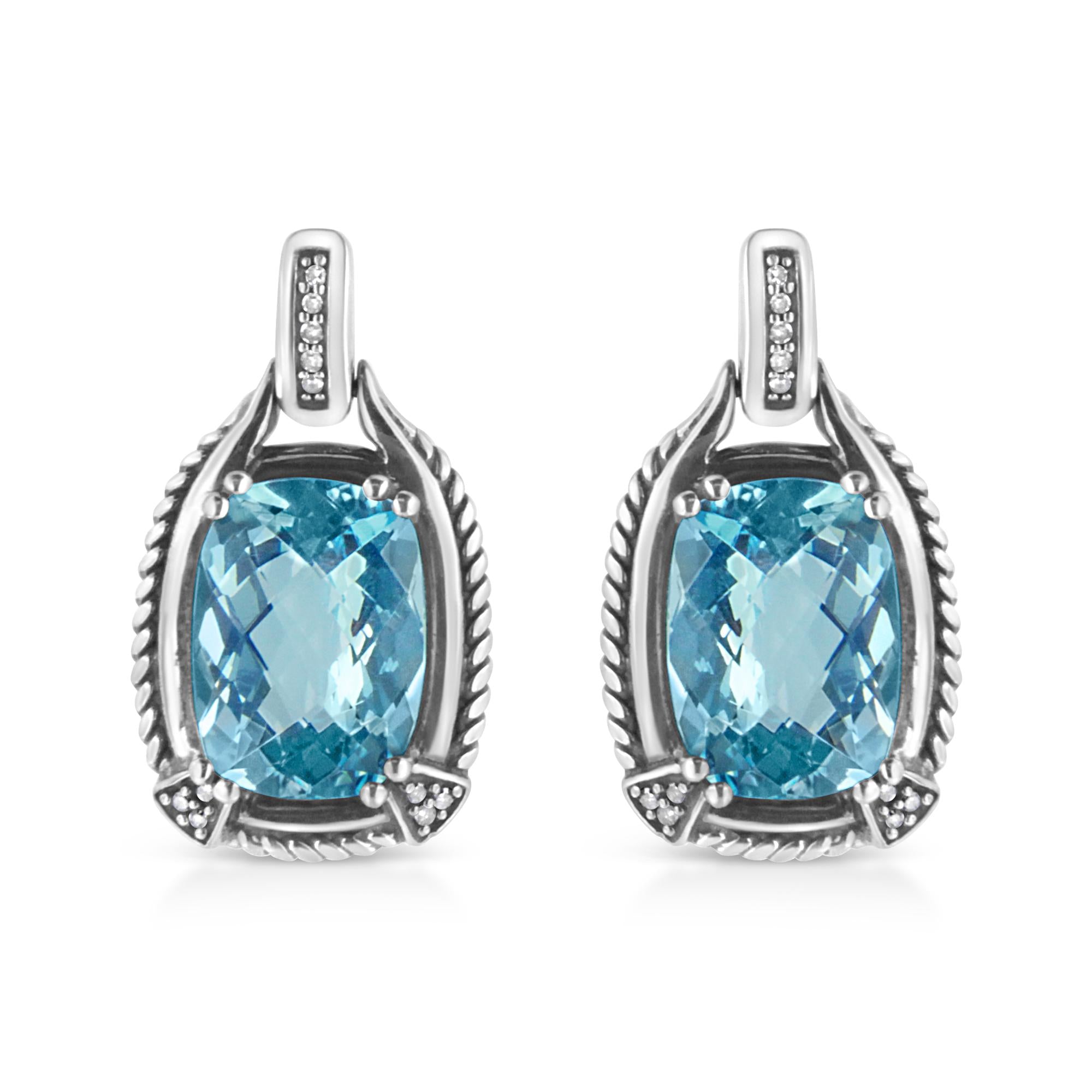 .925 Sterling Silver 14x10MM Cushion Cut Blue Topaz Gemstone and Diamond Accent Dangle Earring (I-J Color, I1-I2 Clarity) - Friggin Jewelry