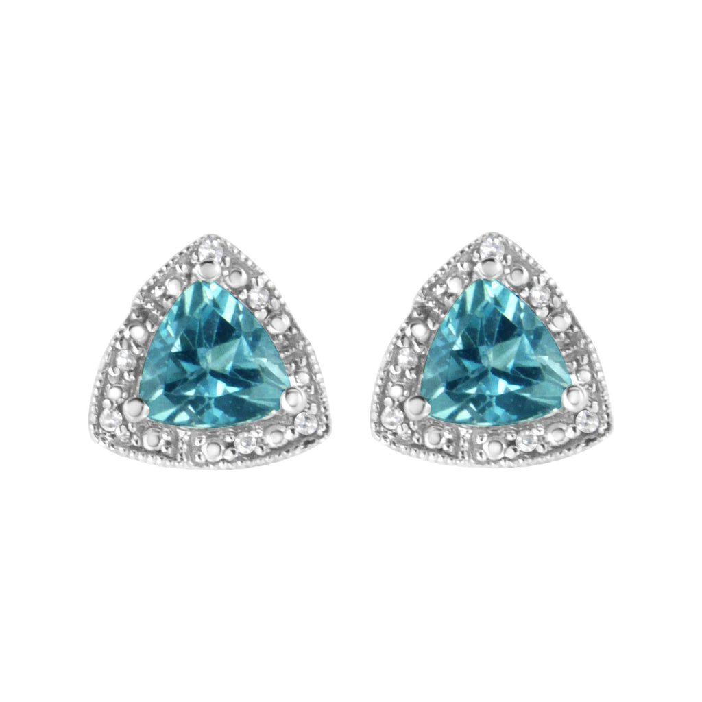 .925 Sterling Silver 6x6 mm Trillion Cut Blue Topaz Gemstone and Diamond Accent Stud Earring (I-J Color, I1-I2 Clarity) - Friggin Jewelry