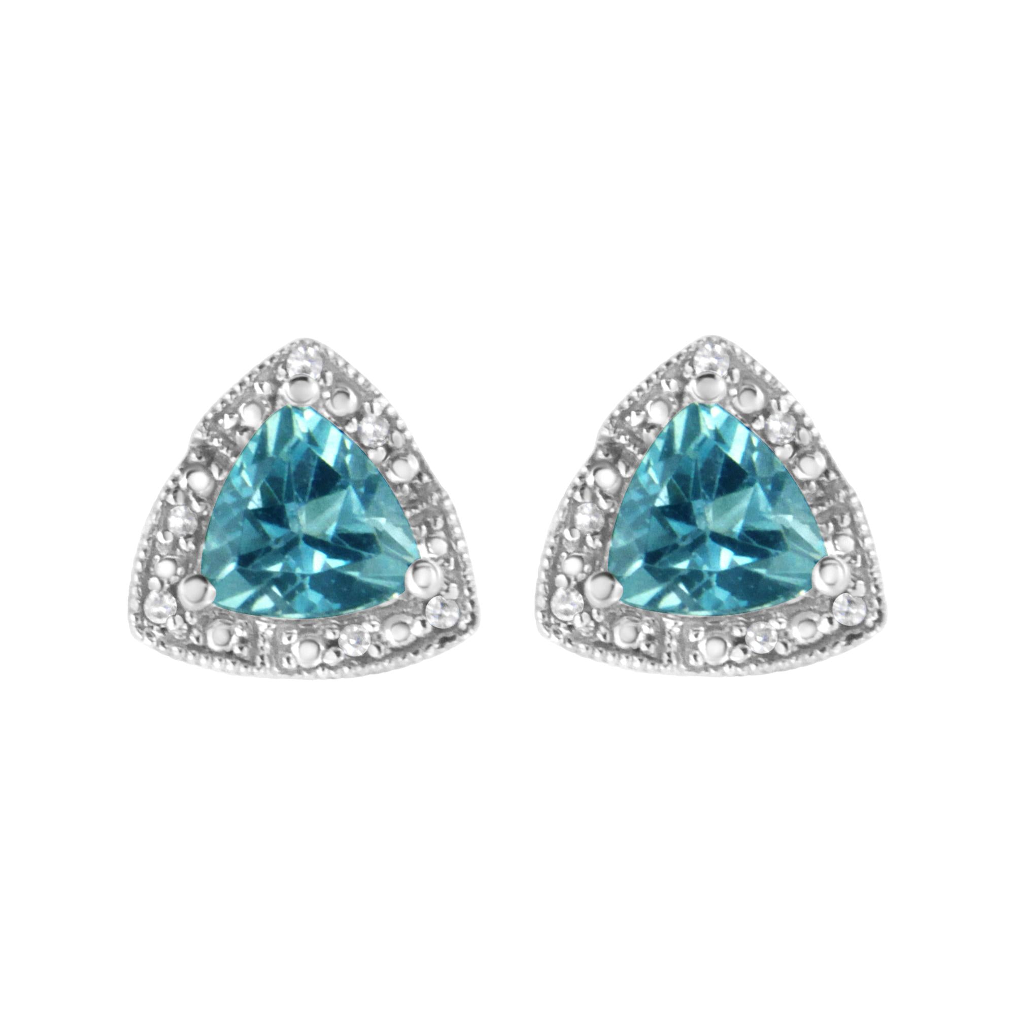 .925 Sterling Silver 6x6 mm Trillion Cut Blue Topaz Gemstone and Diamond Accent Stud Earring (I-J Color, I1-I2 Clarity) - Friggin Jewelry