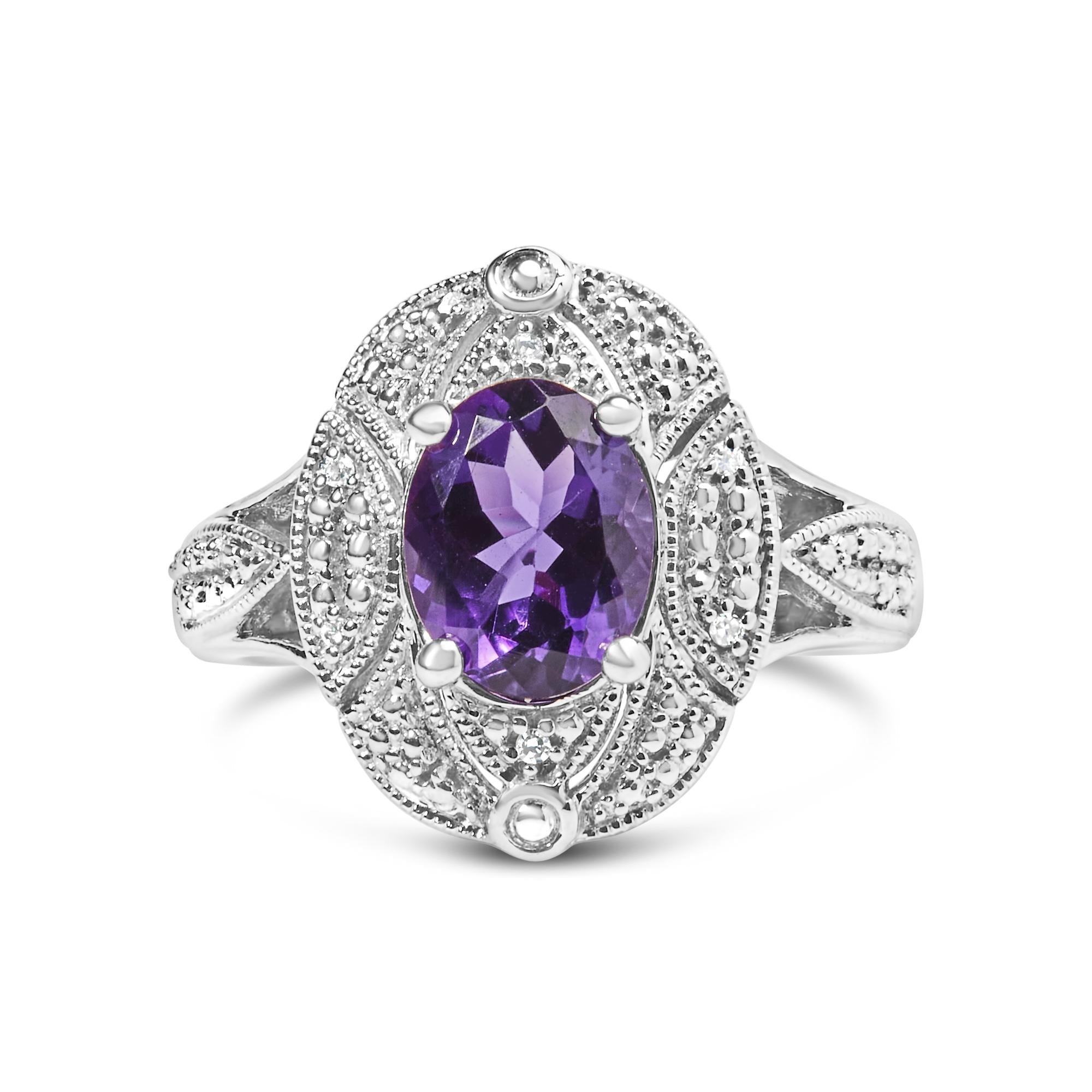.925 Sterling Silver 9x7mm Oval Purple Amethyst and Round Diamond Accent Fashion Cocktail Ring (I-J Color, I1-I2 Clarity) - Friggin Jewelry