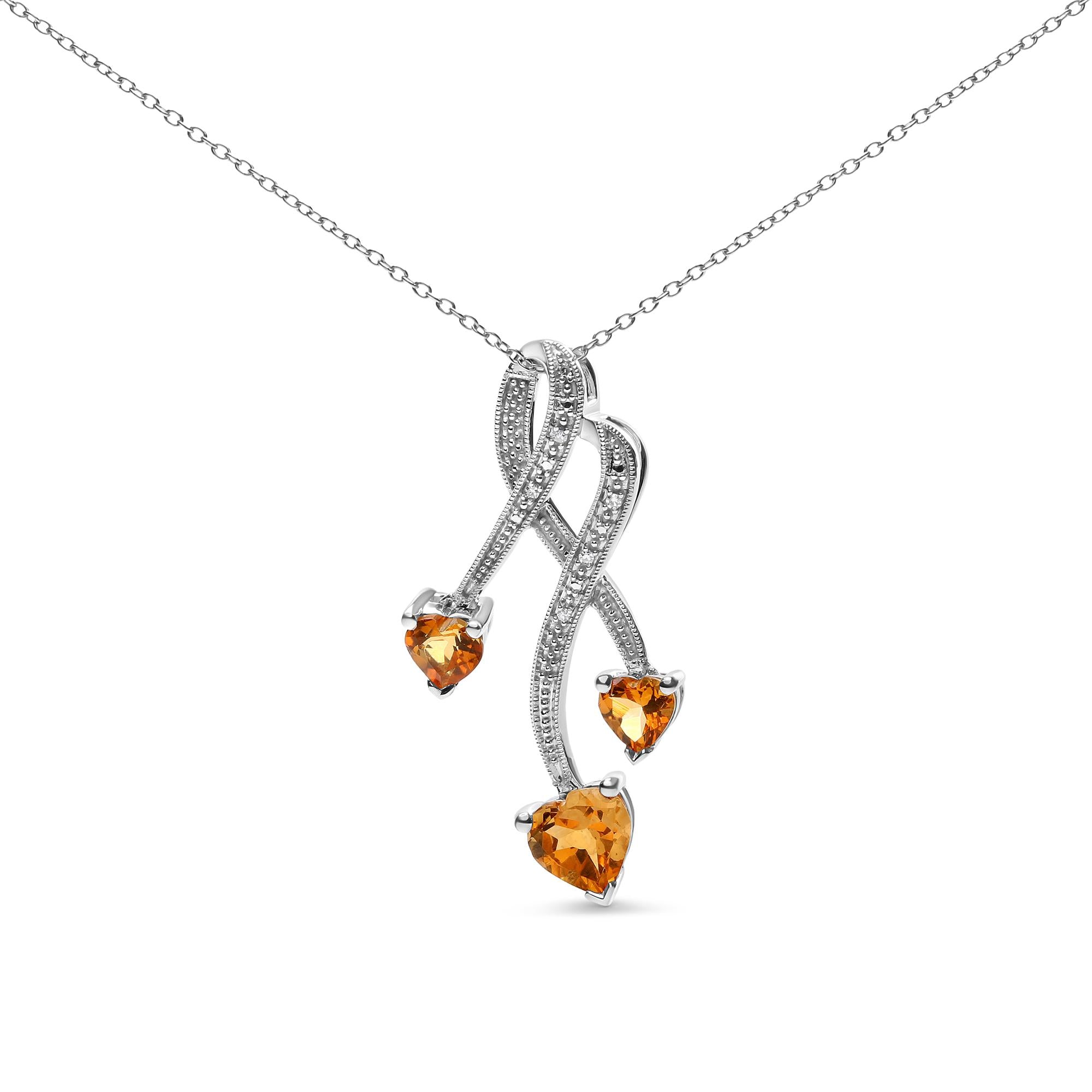.925 Sterling Silver 3-Stone Heart Shape Citrine and Diamond Accent Spiral Drop 18" Pendant Necklace (H-I Color, SI1-SI2 Clarity) - Friggin Jewelry
