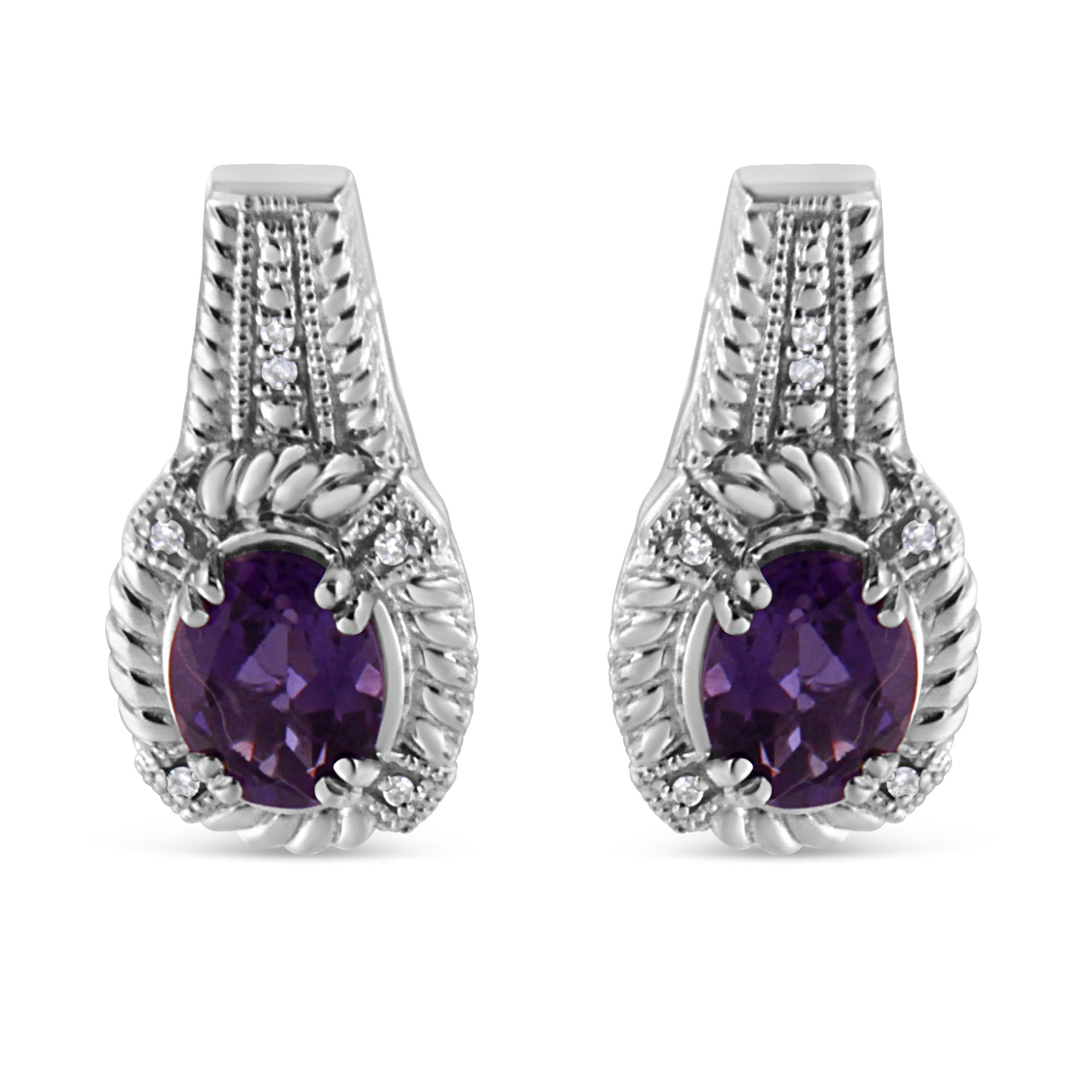 .925 Sterling Silver 8x6 MM Natural Oval Purple Amethyst Gemstone and Diamond Accent Art Deco Style Drop and Dangle Earrings (I-J Color, I1-I2 Clarity) - Friggin Jewelry