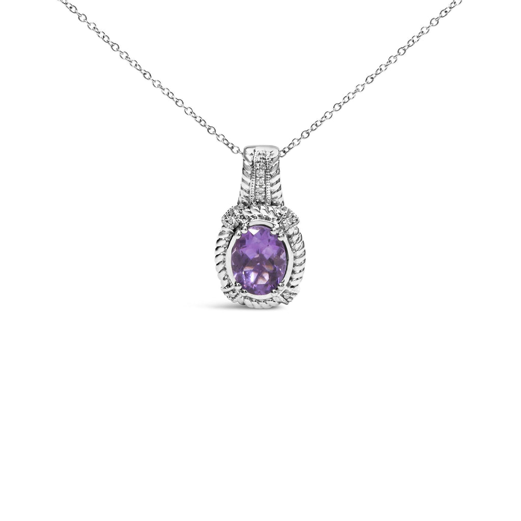 .925 Sterling Silver 9x7mm Oval Purple Amethyst and Round Diamond Accent Fashion Drop Pendant 18 Inch Necklace (I-J Color, I1-I2 Clarity) - Friggin Jewelry
