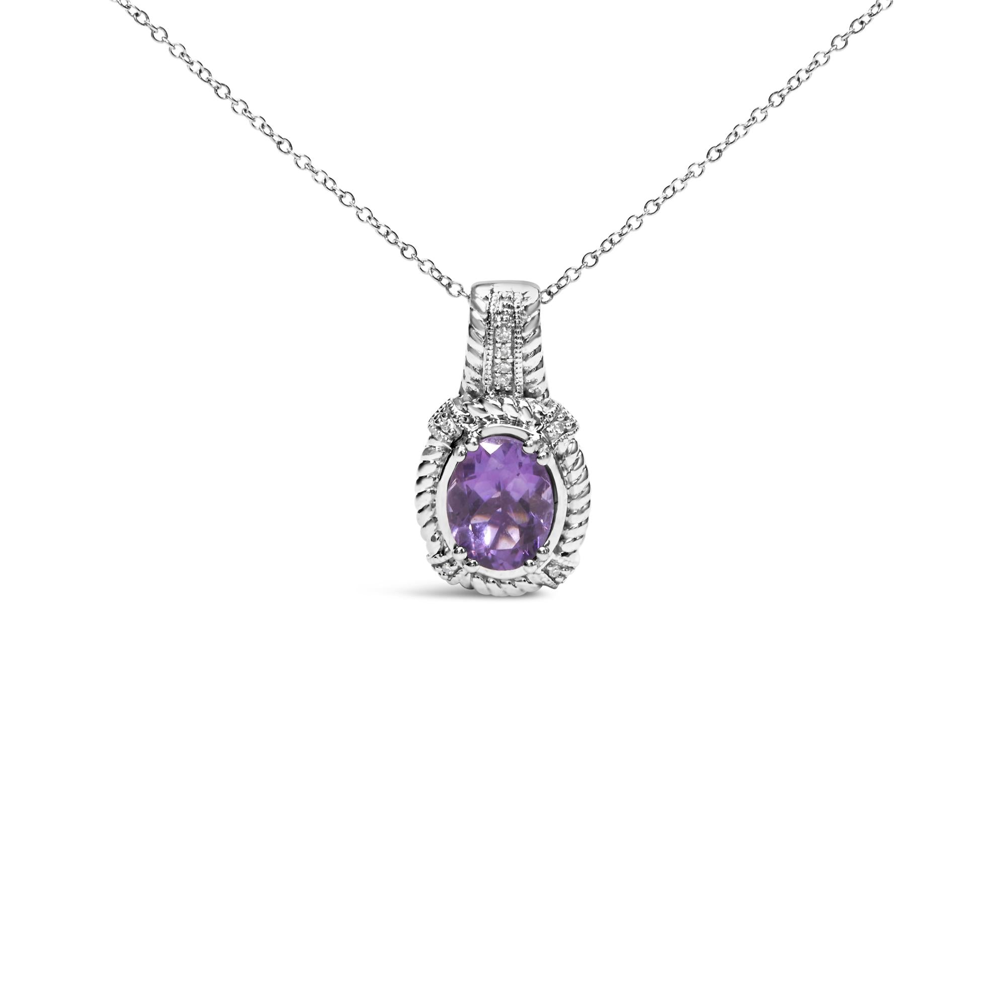 .925 Sterling Silver 9x7mm Oval Purple Amethyst and Round Diamond Accent Fashion Drop Pendant 18 Inch Necklace (I-J Color, I1-I2 Clarity) - Friggin Jewelry
