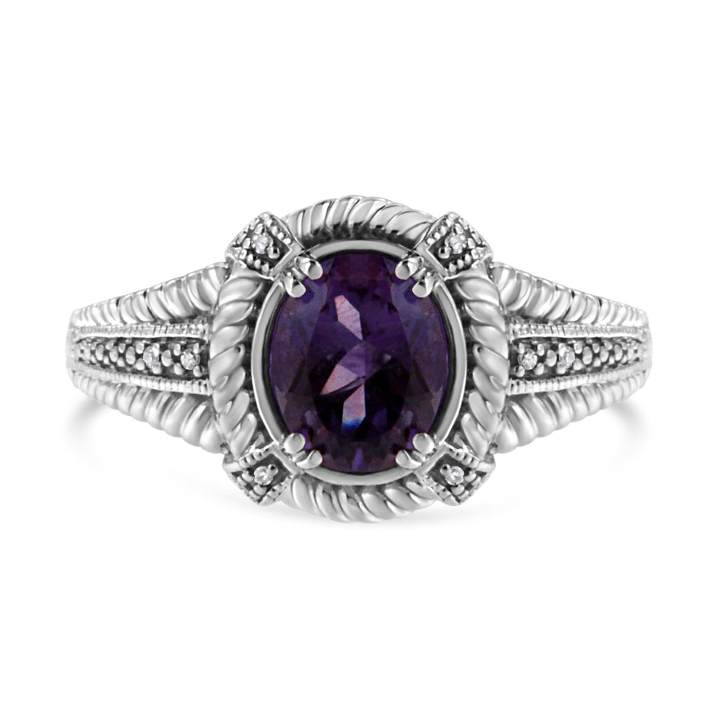 Anello solitario con ametista viola naturale ovale da 9x7 mm in argento sterling 925 con incastonatura a griffe e diamanti (colore IJ, purezza I1-I2) - Friggin Jewelry