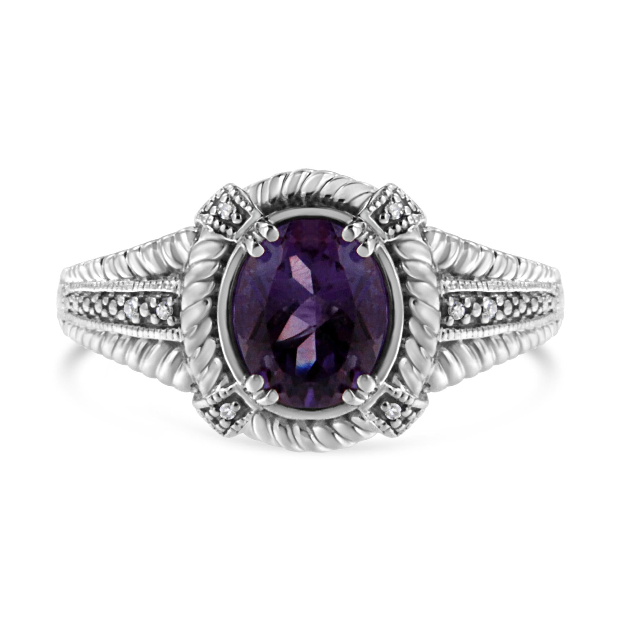 .925 Sterling Silver Prong Set Natural Oval Shape 9X7 MM Purple Amethyst Solitaire and Diamond Accent Ring (I-J Color, I1-I2 Clarity) - Friggin Jewelry