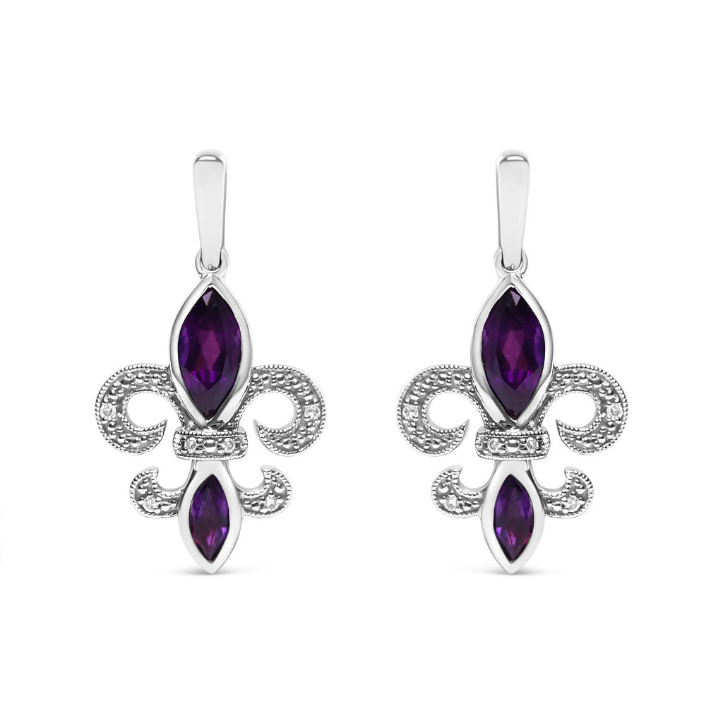 .925 Sterling Silver Marquise Cut Amethyst and Diamond Accent Fleur De Lis Dangle Stud Earrings (H-I Color, SI1-SI2 Clarity) - Friggin Jewelry