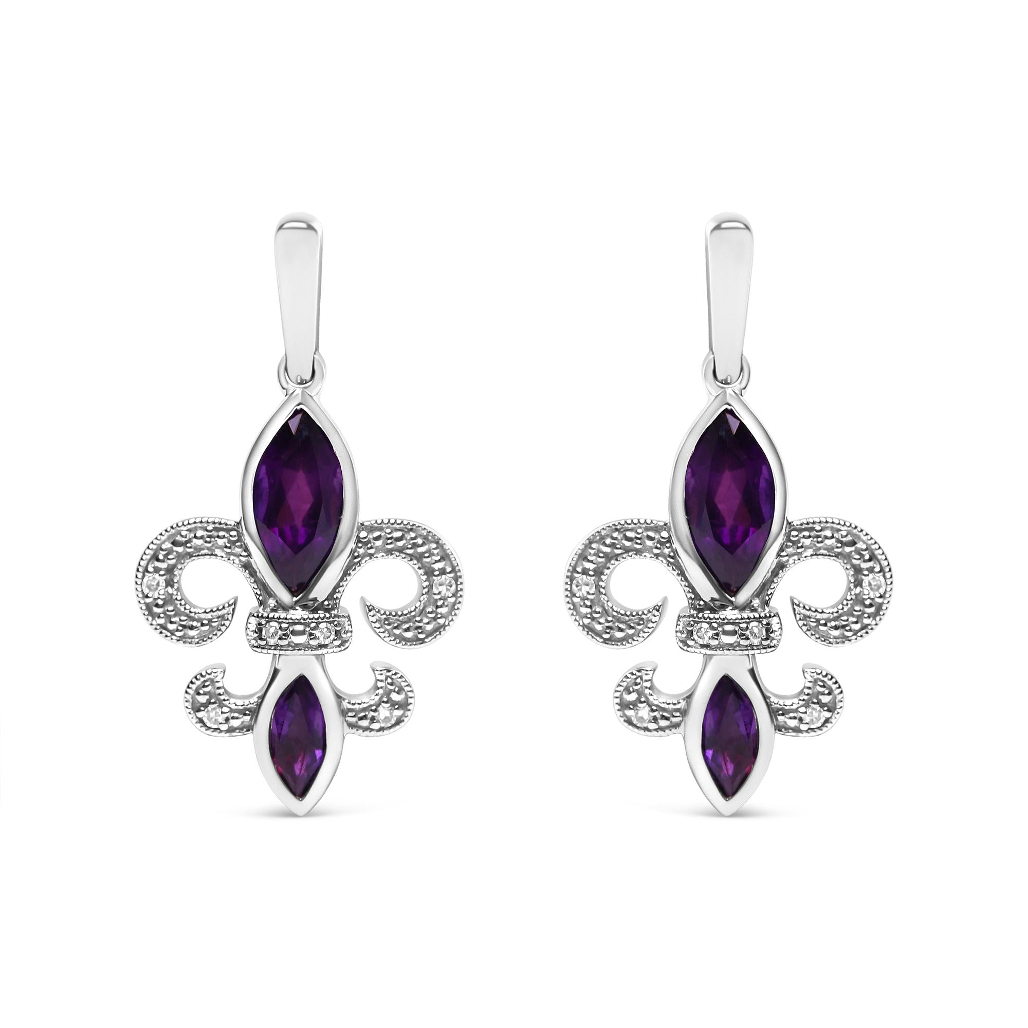 .925 Sterling Silver Marquise Cut Amethyst and Diamond Accent Fleur De Lis Dangle Stud Earrings (H-I Color, SI1-SI2 Clarity) - Friggin Jewelry