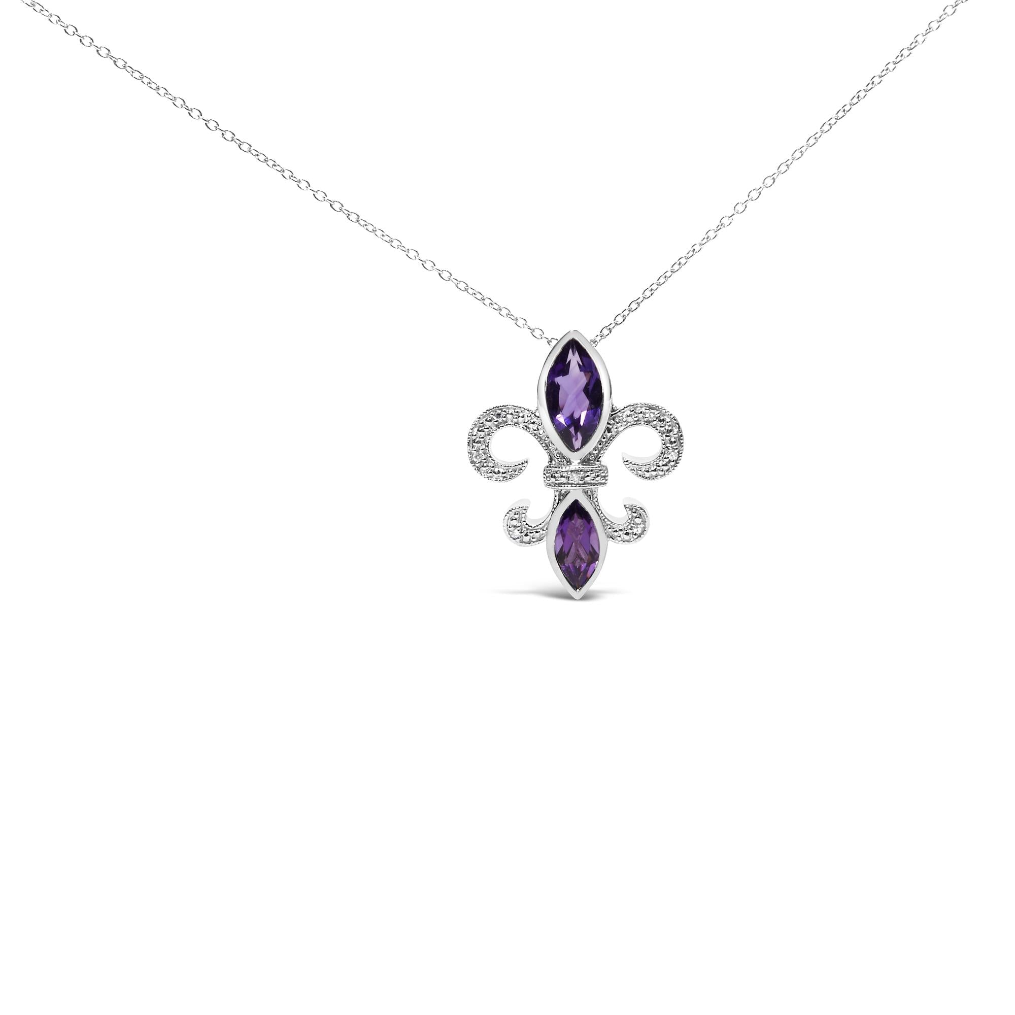 Collar con colgante de flor de lis con amatista morada, talla marquesa y detalles de diamantes en plata de ley 925 (color HI, claridad SI1-SI2) - Talla 45,7 cm - Friggin Jewelry