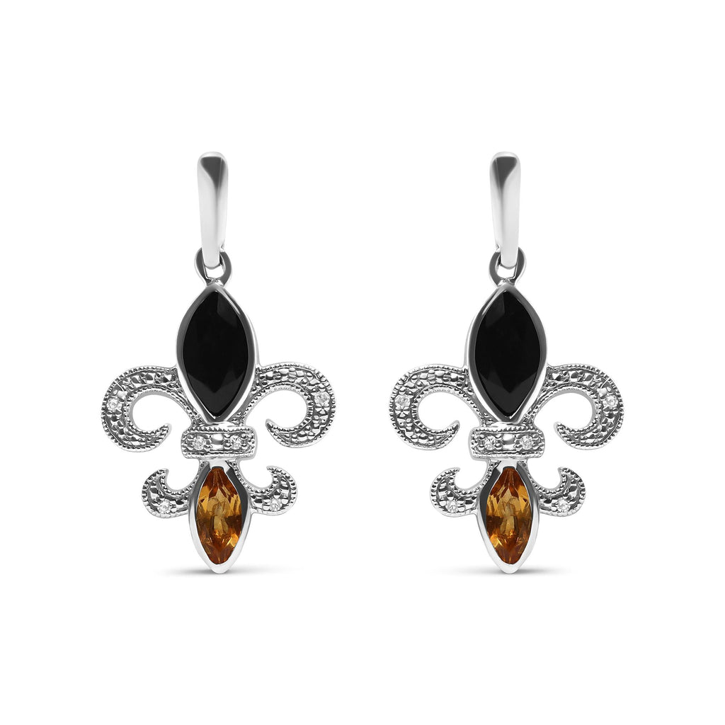 .925 Sterling Silver Marquise Cut Onyx and Citrine with Diamond Accent Fleur De Lis Drop Stud Earrings (H-I Color, SI1-SI2 Clarity) - Friggin Jewelry