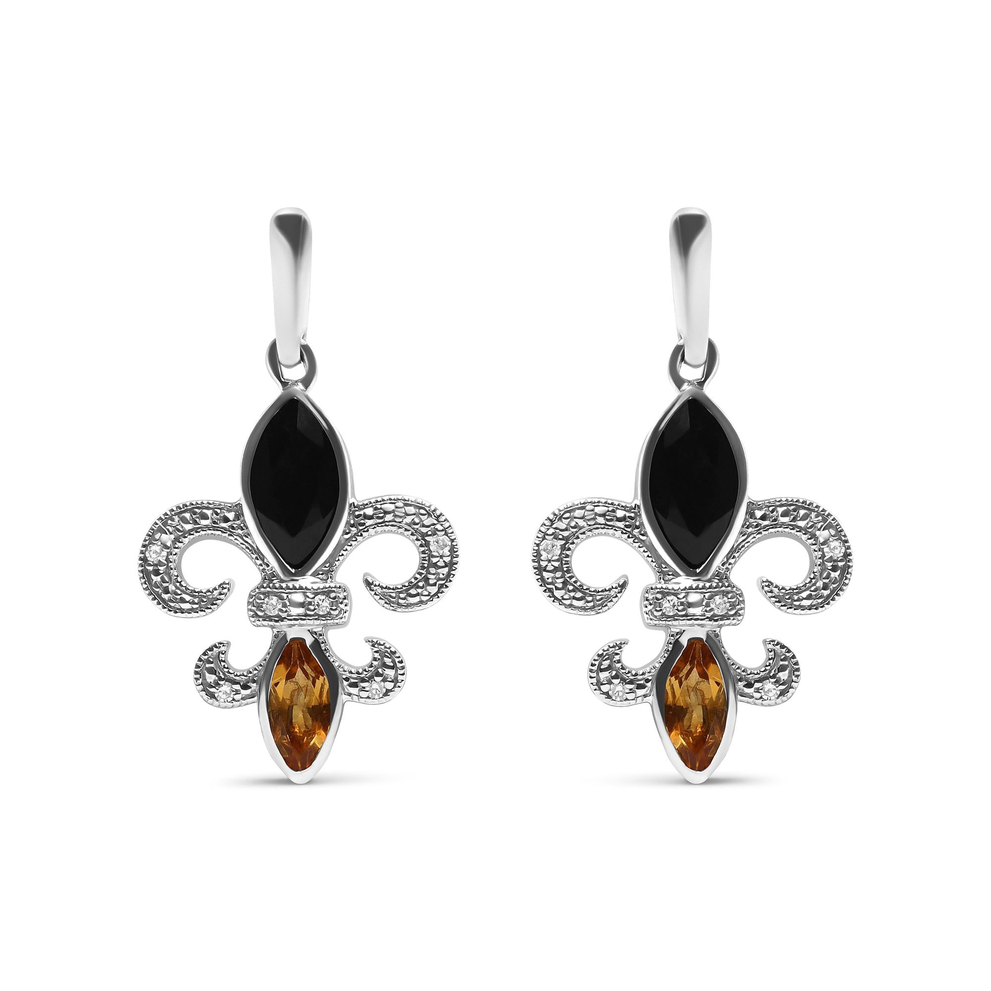 .925 Sterling Silver Marquise Cut Onyx and Citrine with Diamond Accent Fleur De Lis Drop Stud Earrings (H-I Color, SI1-SI2 Clarity) - Friggin Jewelry