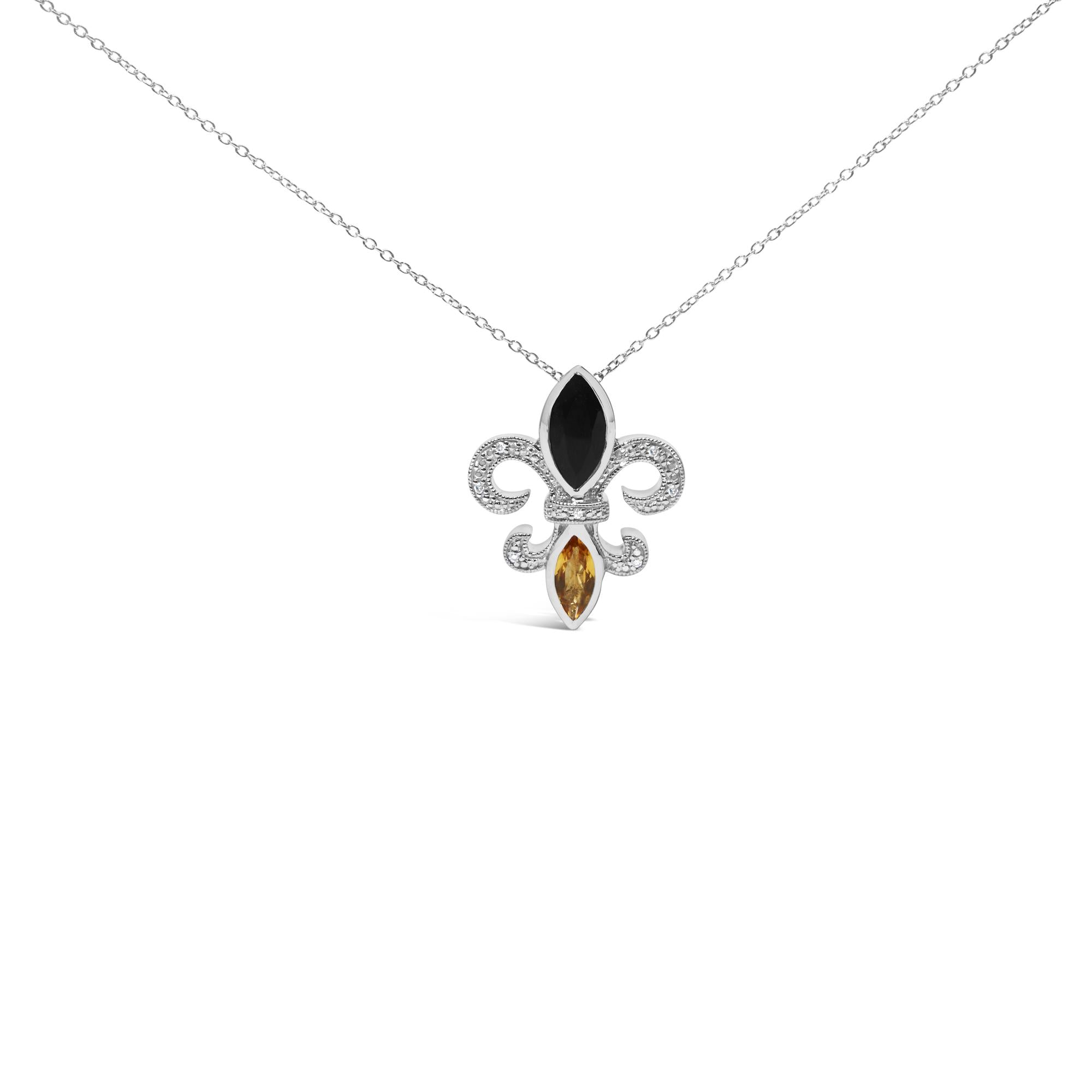 .925 Sterling Silver Marquise Onyx and Citrine and Diamond Accent Fleur De Lis Pendant Necklace (H-I Color, SI1-SI2 Clarity) - 18" - Friggin Jewelry