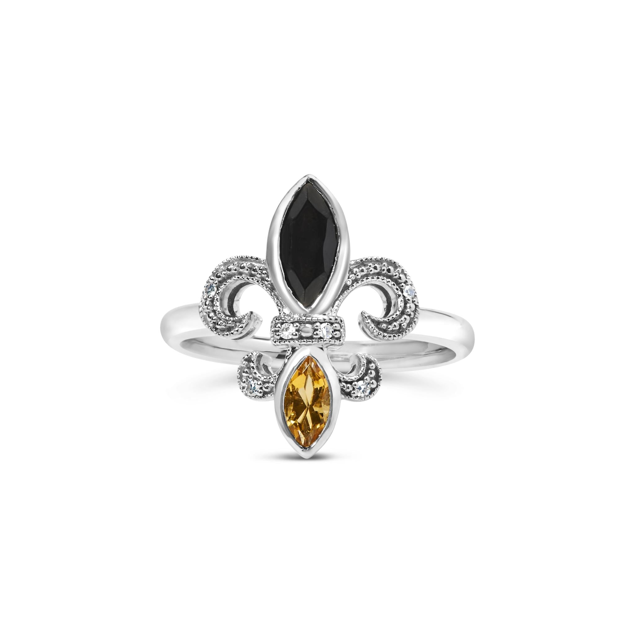 .925 Sterling Silver Black Onyx and Yellow Citrine Marquise and Diamond Accent Fleur De Lis Ring (H-I Color, SI1-SI2 Clarity) - Friggin Jewelry