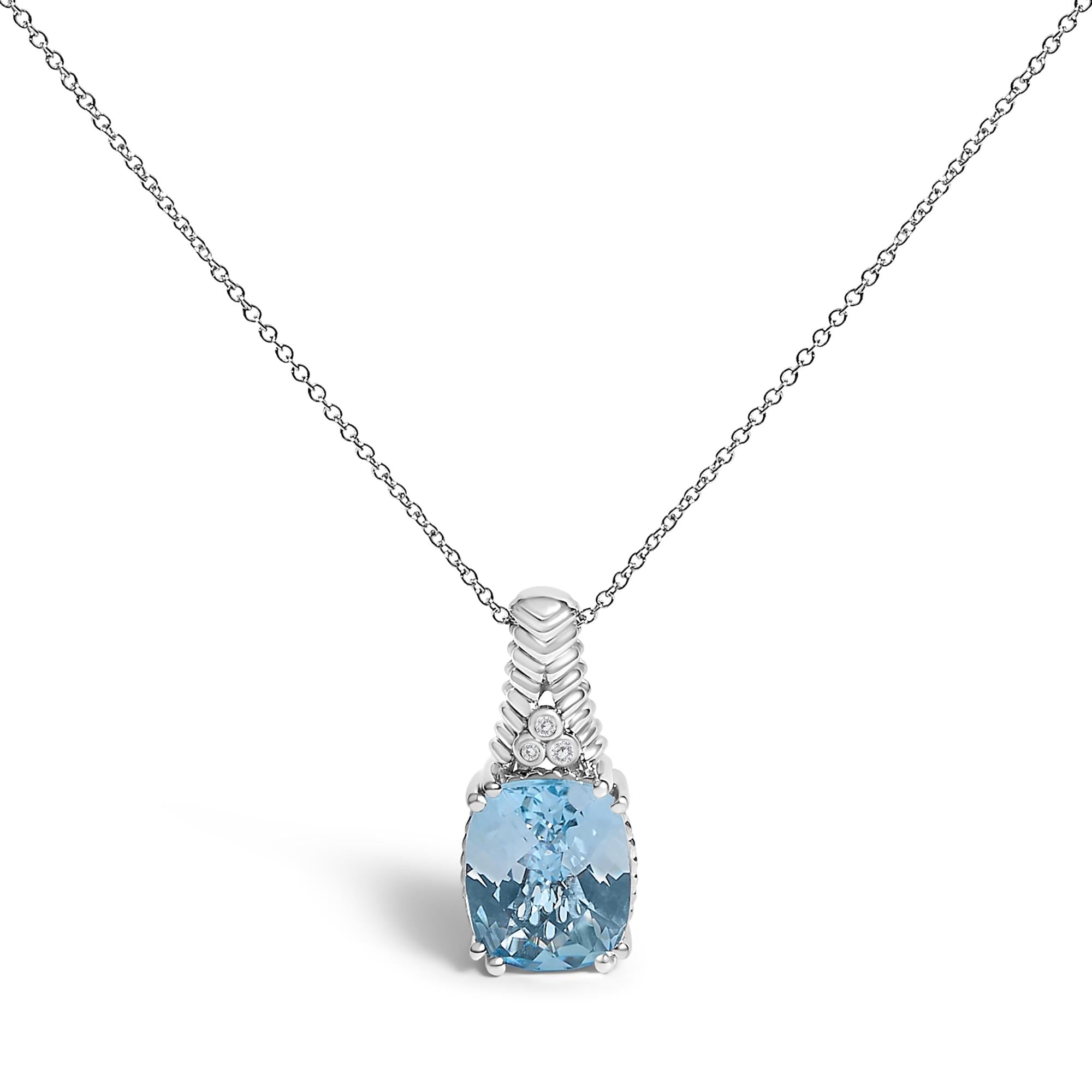 .925 Sterling Silver Blue Topaz and Diamond Accent Textured Pendant Necklace - 18" Inches - Friggin Jewelry
