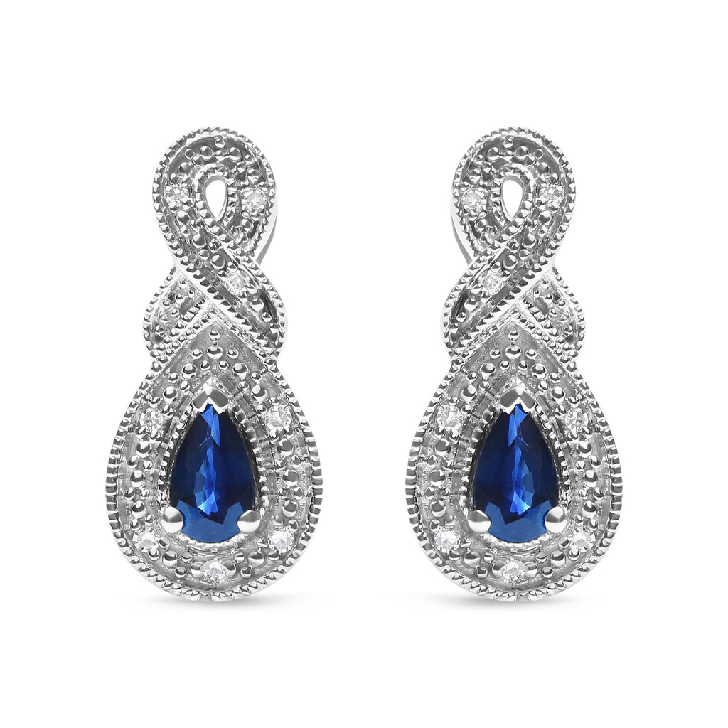 Pendientes de botón con forma de infinito en plata de ley 925 de 4,5 x 3 mm con zafiro en forma de pera y detalles de diamantes (color HI, claridad SI1-SI2) - Friggin Jewelry