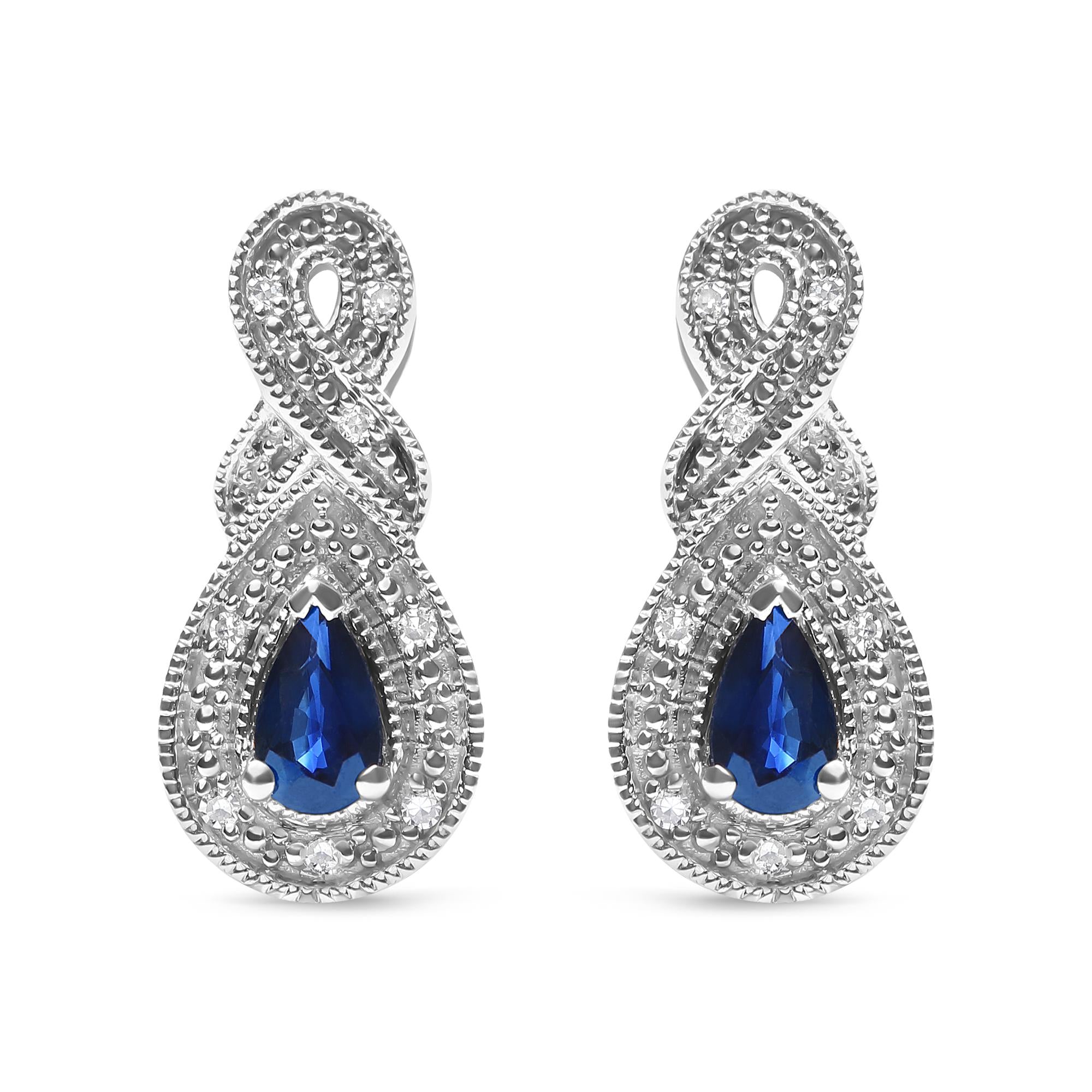 Pendientes de botón con forma de infinito en plata de ley 925 de 4,5 x 3 mm con zafiro en forma de pera y detalles de diamantes (color HI, claridad SI1-SI2) - Friggin Jewelry