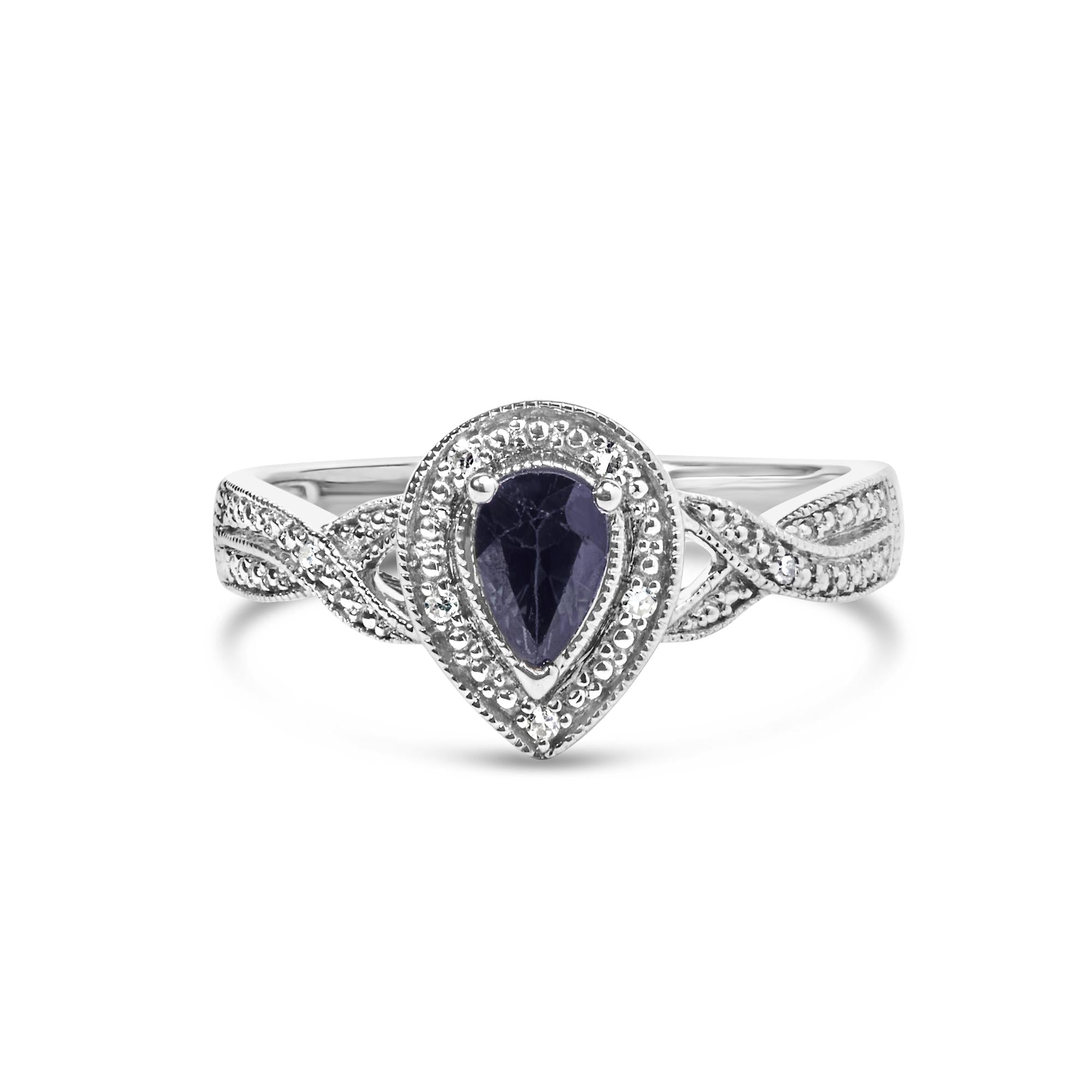 Anillo de moda con halo de zafiro pera de 6 x 4 mm y detalles de diamantes en plata de ley 925 (color HI, claridad SI1-SI2) - Friggin Jewelry