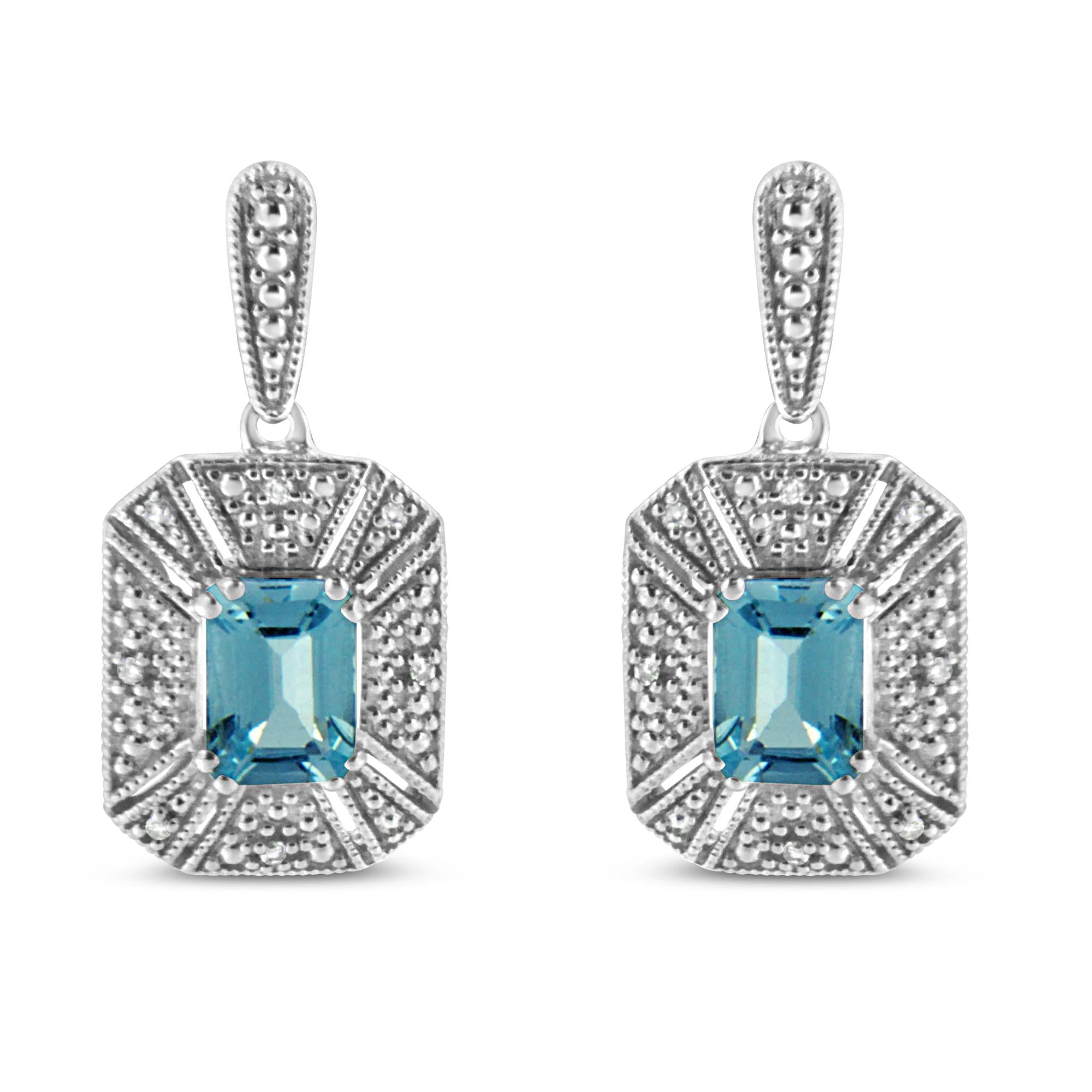 .925 Sterling Silver 7x5MM Emerald Shape Blue Topaz and Diamond Accent Art Deco Halo Style Drop and Dangle Earrings (I-J Color, I1-I2 Clarity) - Friggin Jewelry