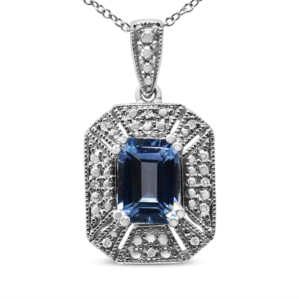 .925 Sterling Silver Blue Topaz and Diamond Accent Art Deco Style 18" Pendant Necklace (I-J Color, I1-I2 Clarity) - Friggin Jewelry