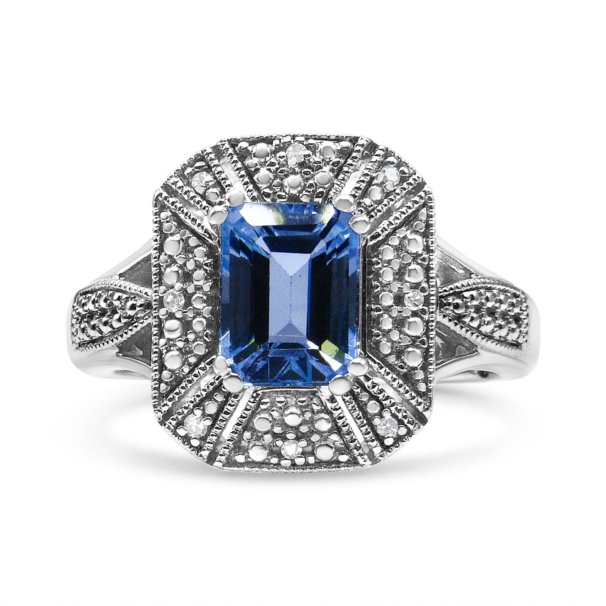 .925 Sterling Silver Diamond Accent and 8X6 mm Emerald-Shape Blue Topaz Ring (I-J Color, I2-I3 Clarity) - Friggin Jewelry