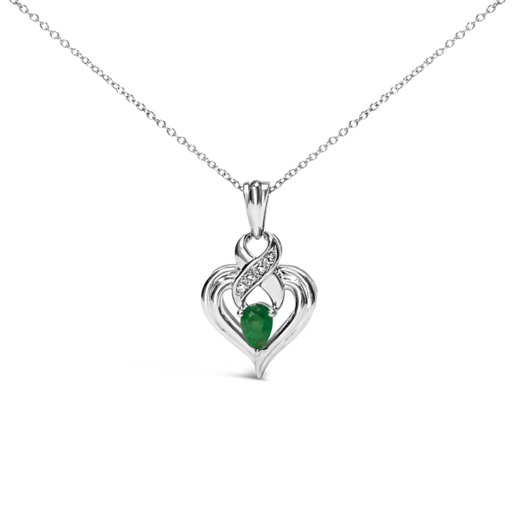 Collar con colgante de corazón de plata de ley 925 de 6 x 4 mm con esmeralda en forma de pera y detalles de diamantes (color HI, claridad SI1-SI2) - 45,7 cm - Friggin Jewelry